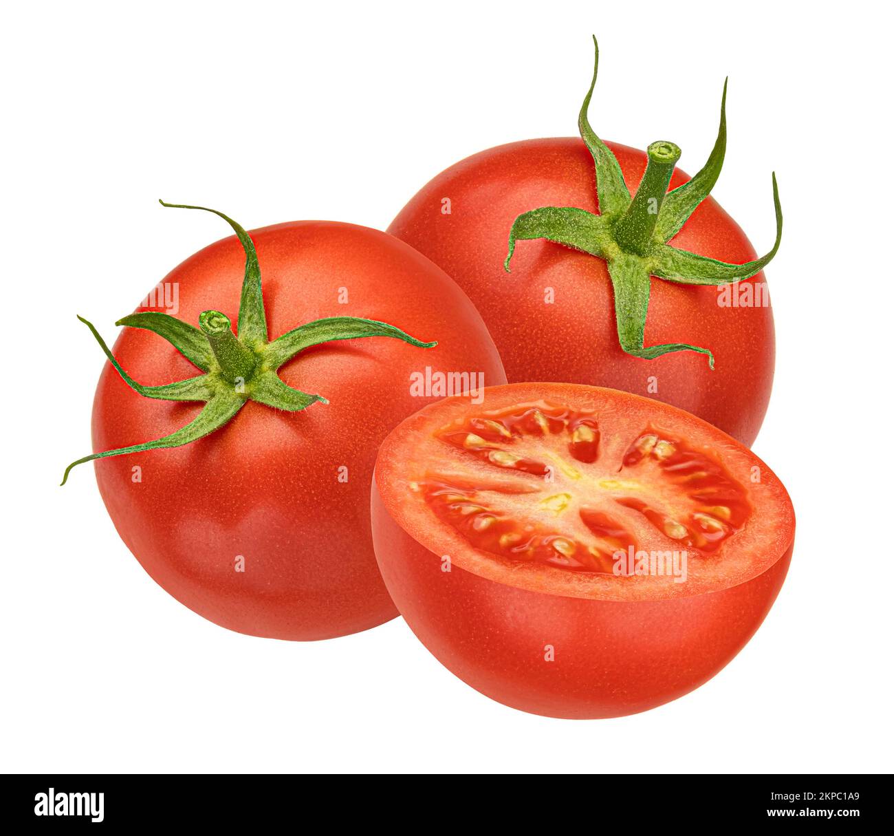 Pomodori ciliegini isolati su fondo bianco, profondità di campo piena Foto Stock