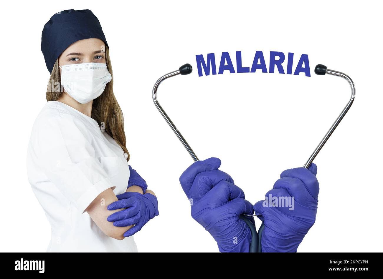 Concetto di sanità e medicina. Il medico è in possesso di uno stetoscopio, al centro c'è un testo - LA MALARIA Foto Stock