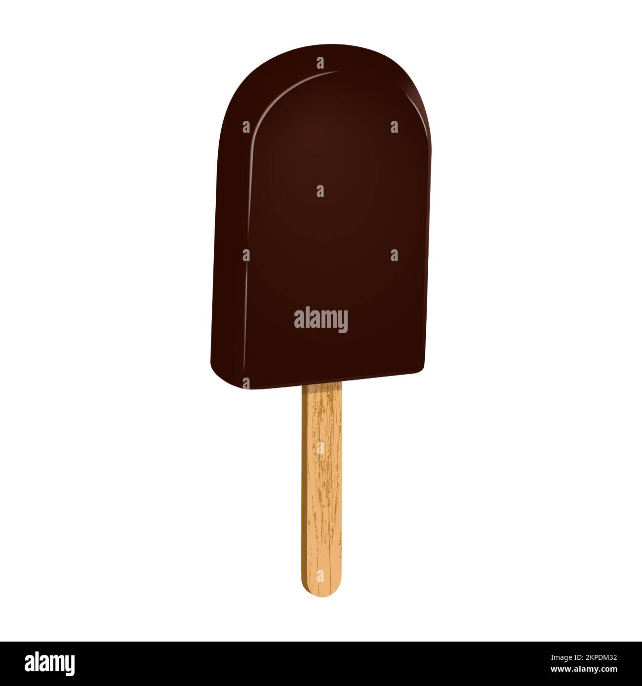 Gelato in glassa di cioccolato su un bastone di legno. Gelato al cioccolato Popsicle. Prodotti surgelati alimenti dolci. Poster del cibo 3D realistico. Illustrazione vettoriale Illustrazione Vettoriale