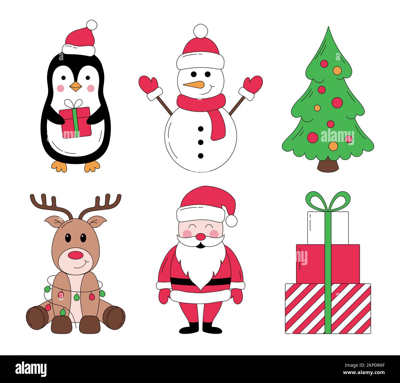 Collezione di Natale di personaggi ed elementi carini. Babbo Natale, renne, pinguino, pupazzo di neve, albero, scatole regalo. Illustrazione vettoriale Illustrazione Vettoriale