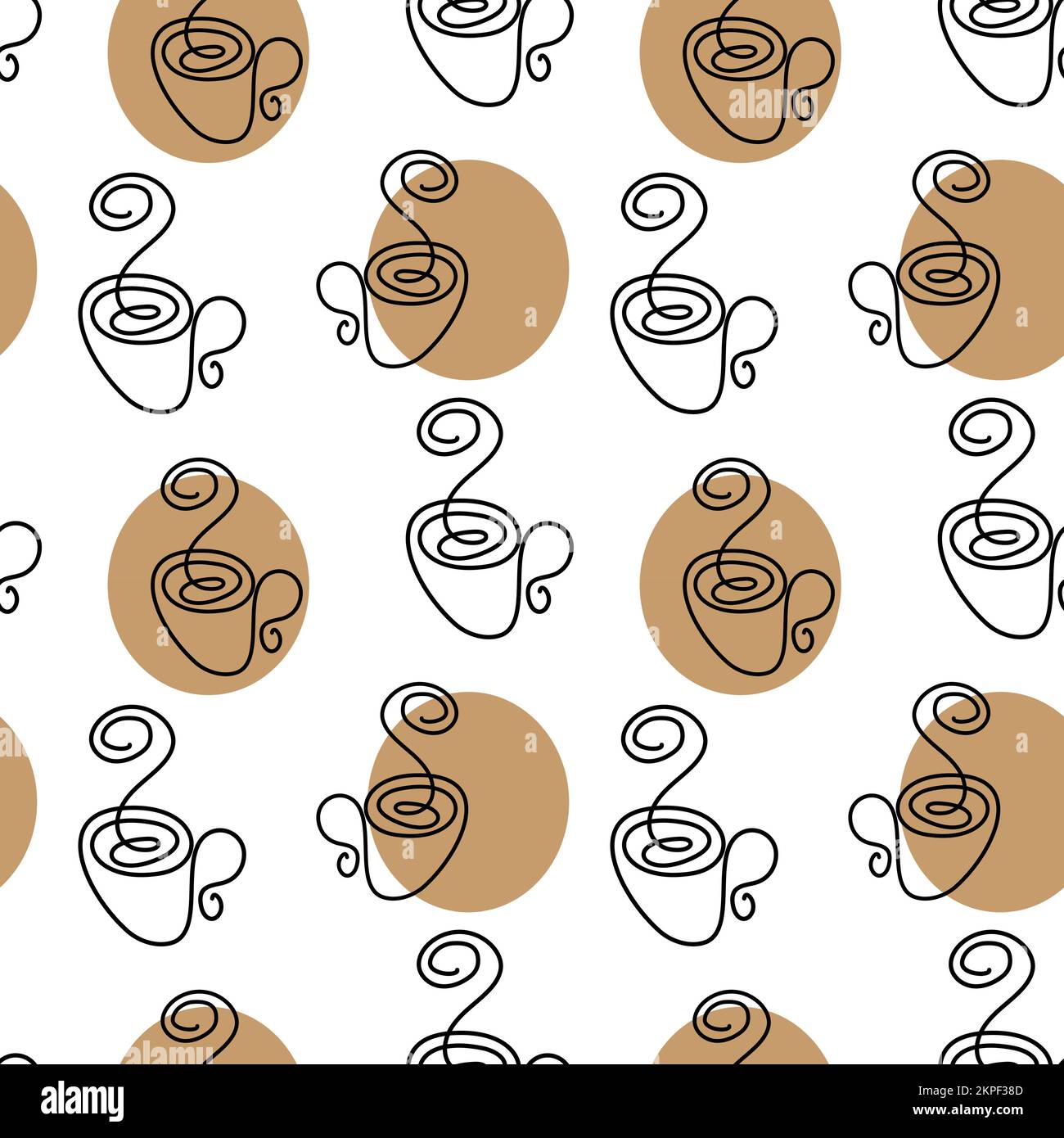 Motivo senza cuciture dal contorno di una tazza con vapore fluente sullo sfondo di un punto colorato in tonalità di caffè alla moda. Isolare. Vettore. EPS. Ideale per il design su tessuto o tovagliolo, banner Illustrazione Vettoriale