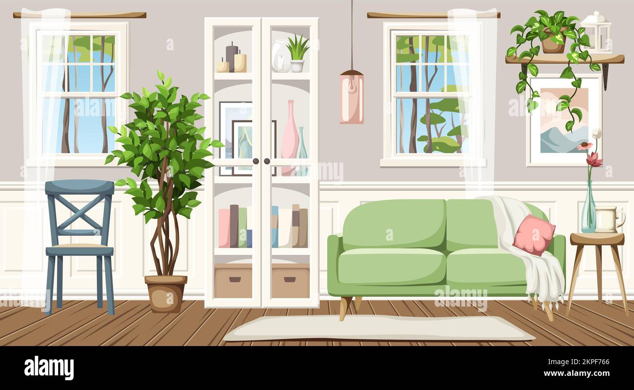 Bella camera interna con un divano, una libreria bianca, due finestre con tende tulle, e piante di casa. Interni dal design accogliente. Cartoon vettore illustra Illustrazione Vettoriale