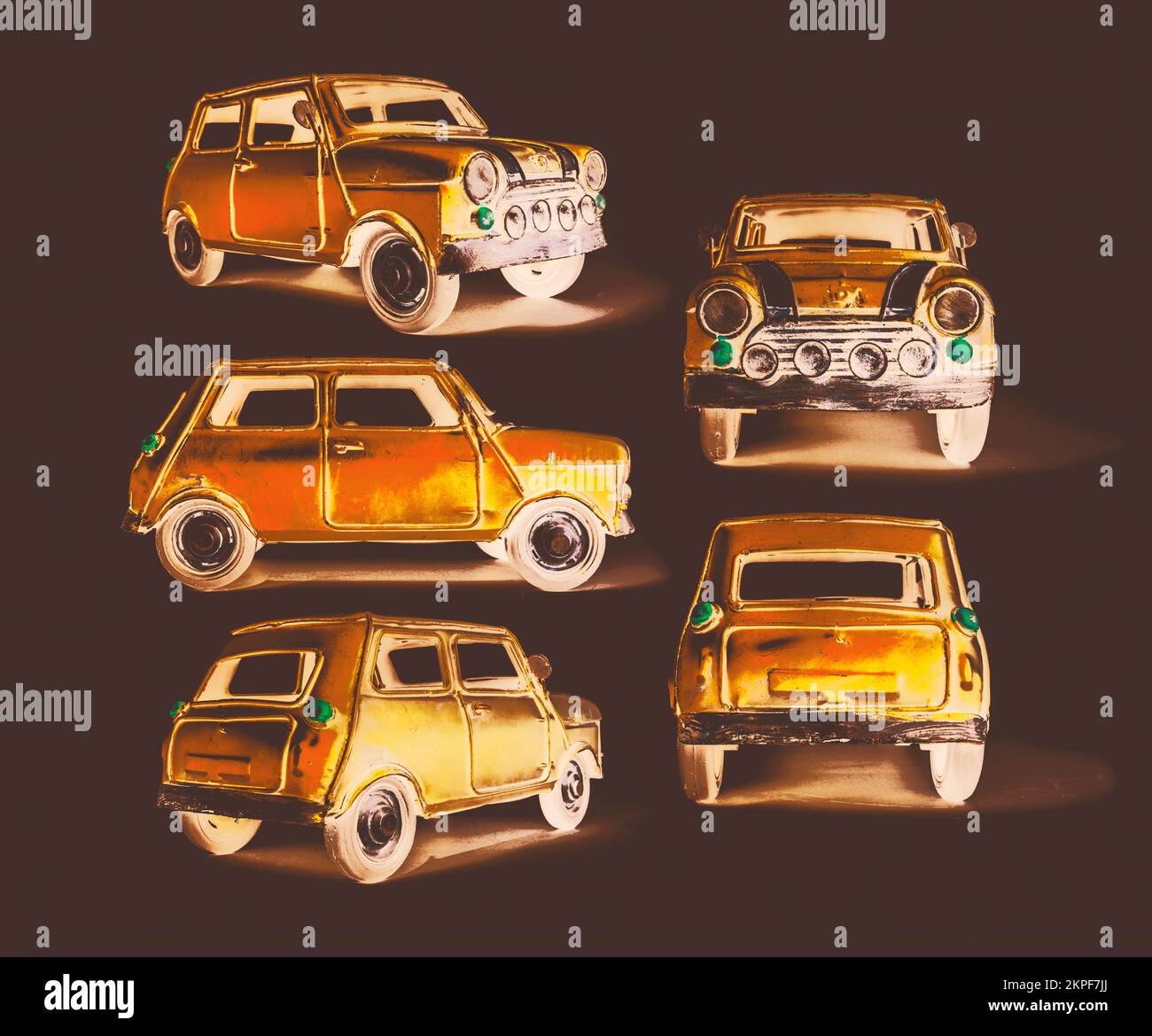 Design di auto d'arte su una linea di giallo britannico Antichità da mini macchine per motori Foto Stock