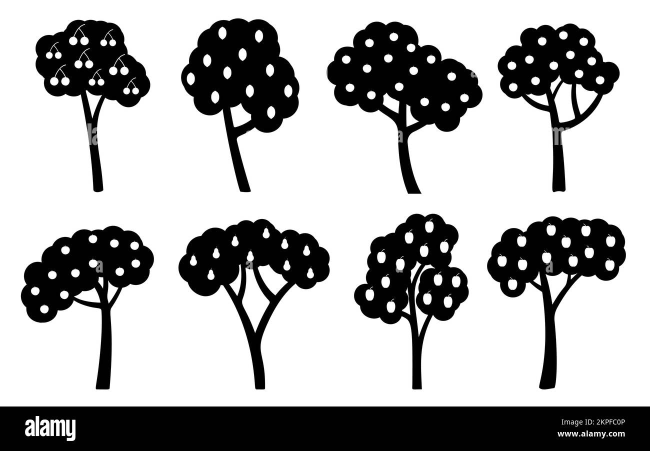 Orchard alberi da frutto nero silhouette set. Raccolto estivo ciliegia matura mela pera susina limone pesca albicocca. Albero di frutta verde giardino disegno piano. Parco naturale biologico isolato su bianco Illustrazione Vettoriale