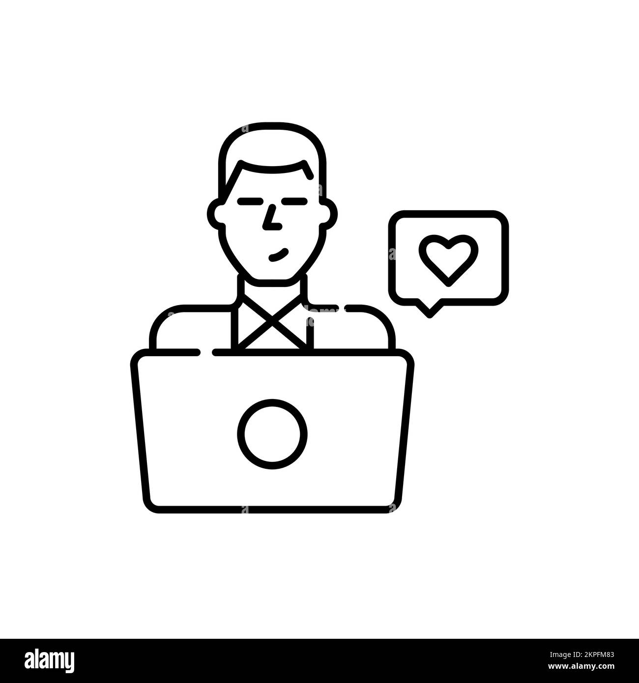 Giovane uomo al computer portatile che invia o riceve un messaggio simile. Icona della linea di tratto modificabile pixel Perfect Illustrazione Vettoriale
