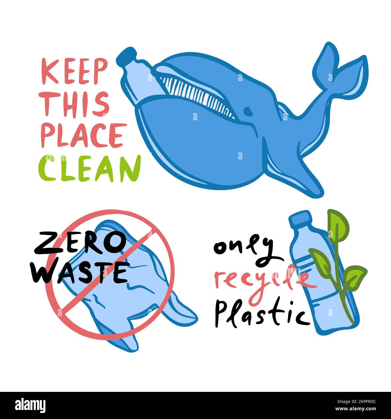 RICICLARE SOLO PLASTICA problema ecologico di inquinamento ambientale della Terra sacchetto di plastica e bottiglia di plastica con Whale on Banner Vector Illustration Set F Illustrazione Vettoriale