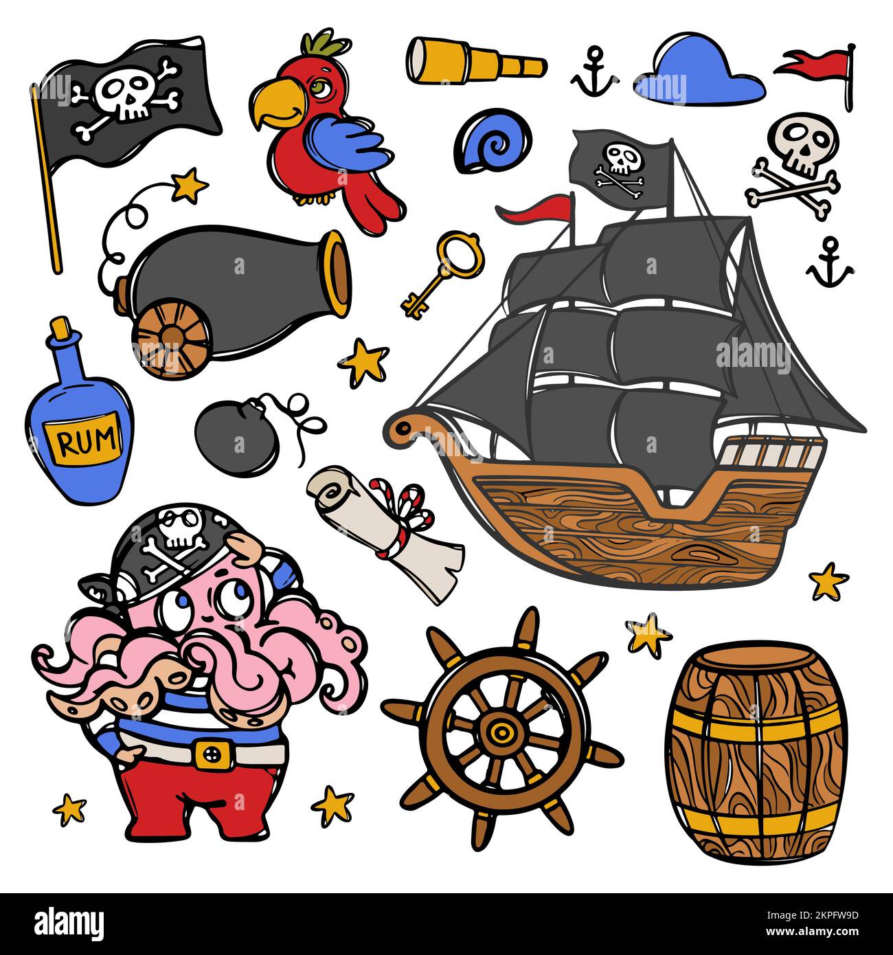 PIRATA DI POLIPO e barca a vela con le vele nere e la bandiera del cranio su albero disegnato mano Cartoon Clipart Mare attributi e oggetti Set di illustrazioni vettoriali per Illustrazione Vettoriale