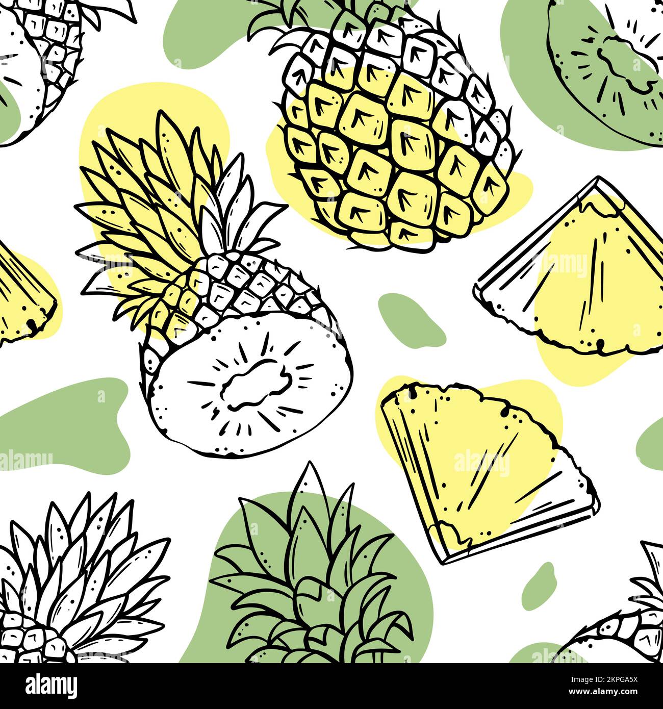 ANANAS SFONDO Abstract Delicious Juicy Fruit intero e taglio a metà per il tuo disegno disegnato a mano in stile schizzo Food senza cuciture modello Vector Illust Illustrazione Vettoriale