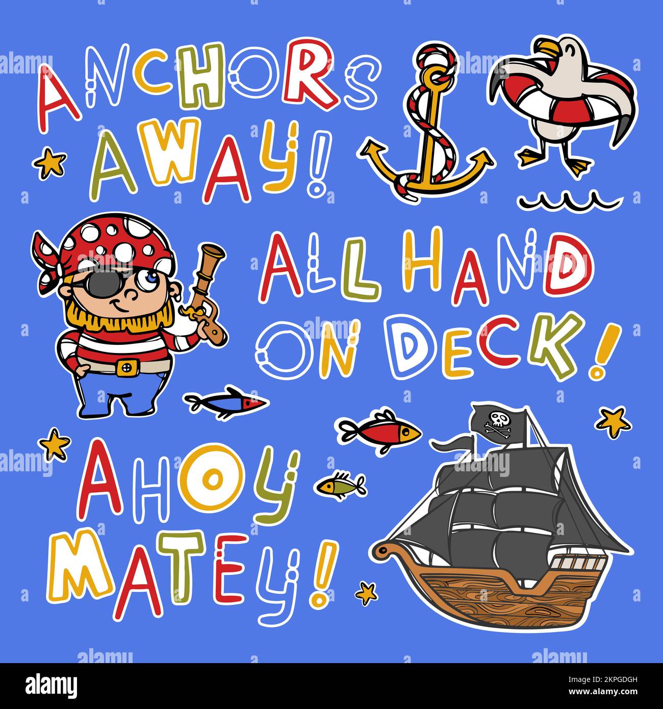 PIRATA BARCA A VELA con le vele nere disegnate a mano comandi marini Corsair con Pistol Cartoon Sticker Collection attributi del mare Vector Illustration Set for Illustrazione Vettoriale