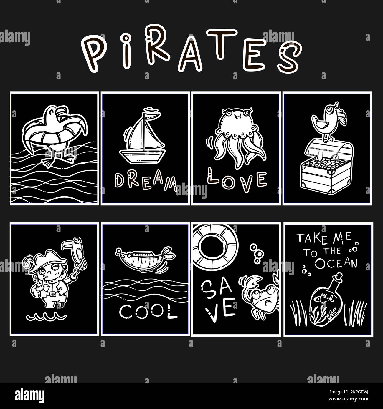 PIRATES DESIGN disegnata a mano Nautical Postcard Collection Cartoon Travel tema con testo Monocromo Sea Vector Illustration Set on Black background for P Illustrazione Vettoriale