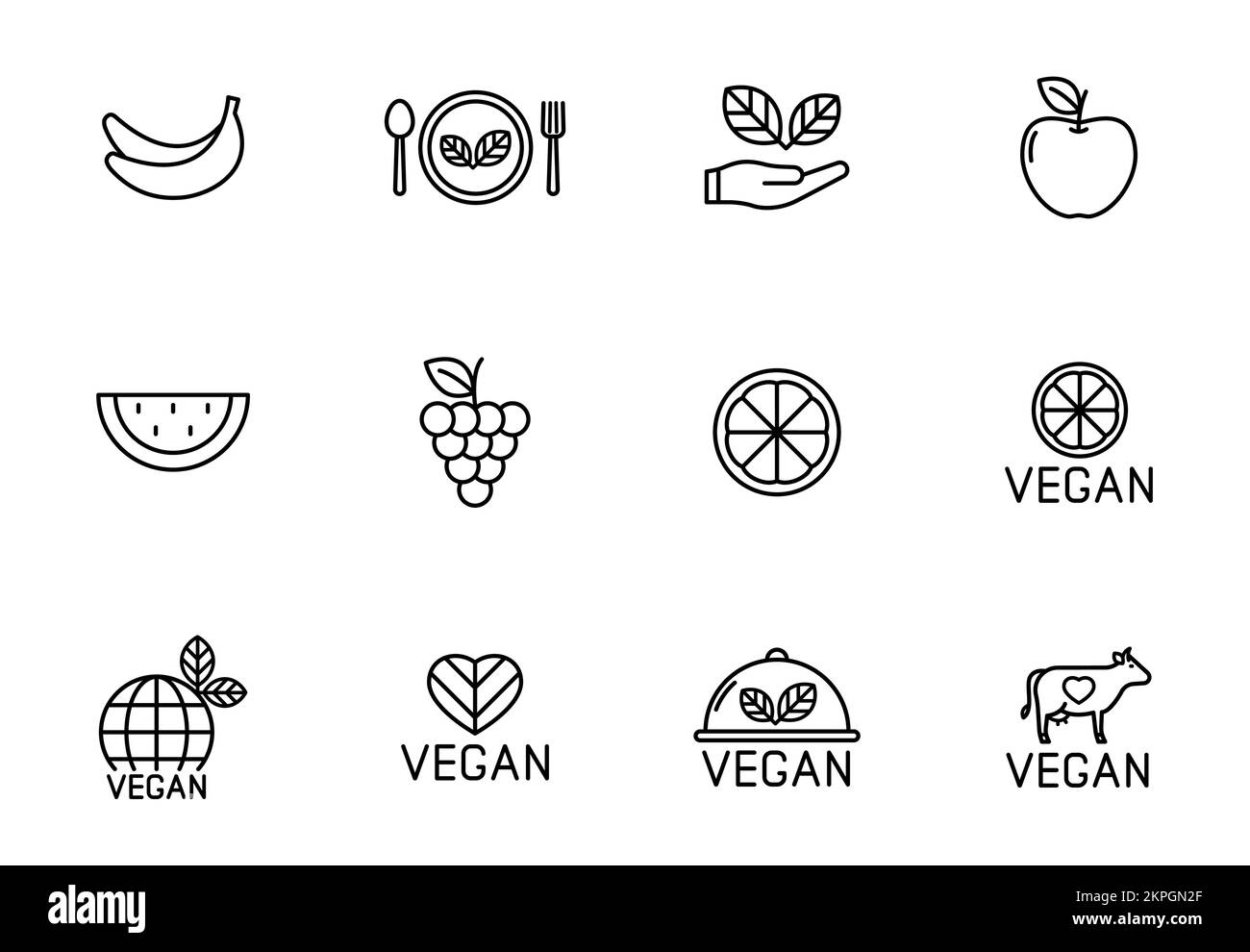 icone vettoriali con contorno vegano isolate su sfondo bianco Illustrazione Vettoriale
