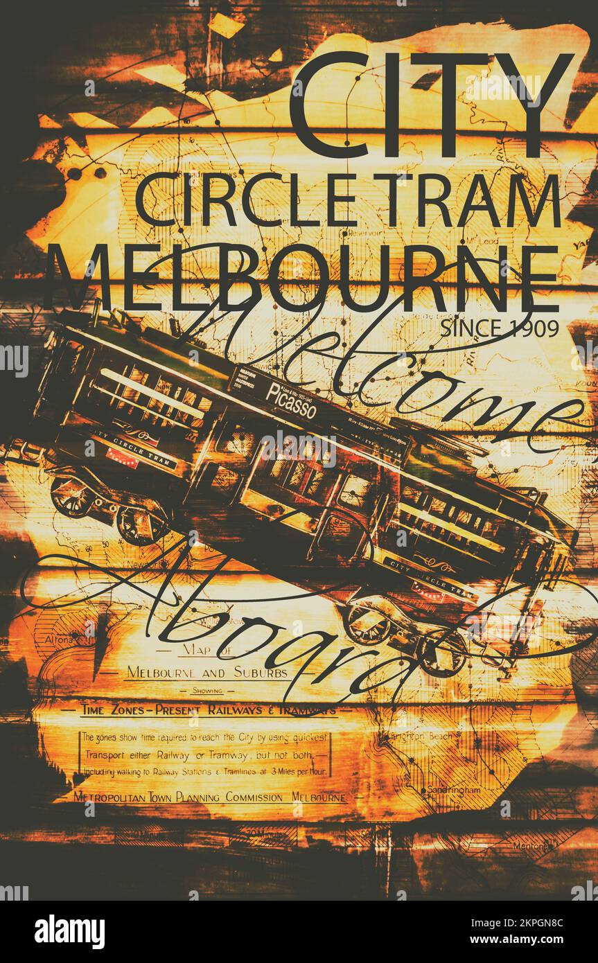 Pubblicità di opere d'arte dal vecchio mondo con una Melbourne rustica Tram City Circle sul pannello a parete della biglietteria Foto Stock