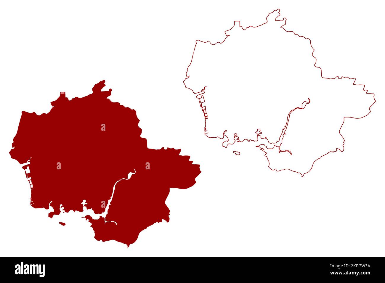 Vettore cartografico della città di Plymouth e dell'autorità unitaria (Regno Unito di Gran Bretagna e Irlanda del Nord, contea cerimoniale Devon o Devonshire, Inghilterra) Illustrazione Vettoriale
