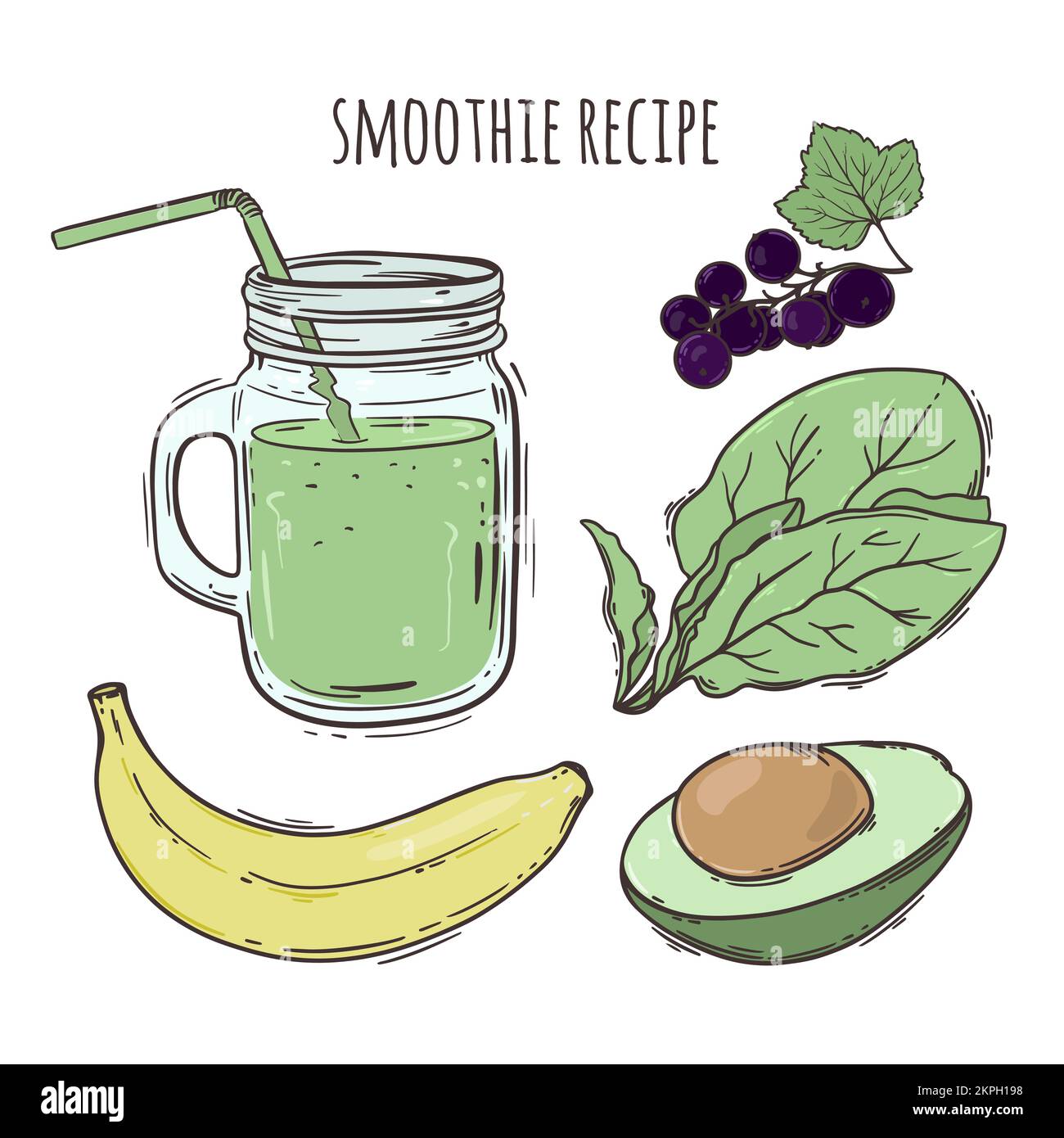 RICETTA SMOOTHIE sana mangiare fare bevanda degustazione deliziosa bevanda Paleo Keto Dieta biologica natura Cartoon clip Art Vector Illustration for Print Illustrazione Vettoriale