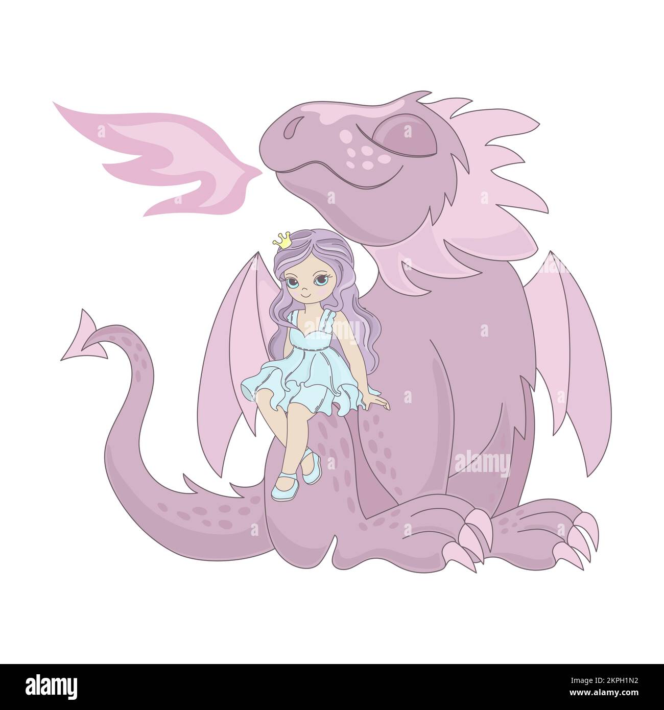 PRINCIPESSA DRAGON Bella ragazza con capelli rosa in Una corona si siede sulla gamba di Un compleanno rosa Dragon compleanno matrimonio Cartoon clip Art Vector Illustration Set fo Illustrazione Vettoriale