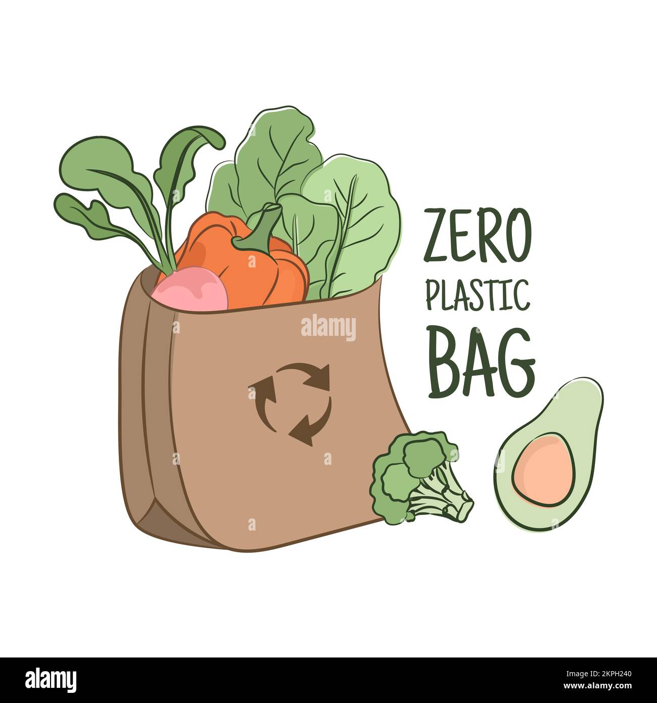 RICICLAGGIO sacco di carta con verdure ecologico problema ambientale globale Nessun clip in plastica Art Vector Illustration Set for Print Illustrazione Vettoriale