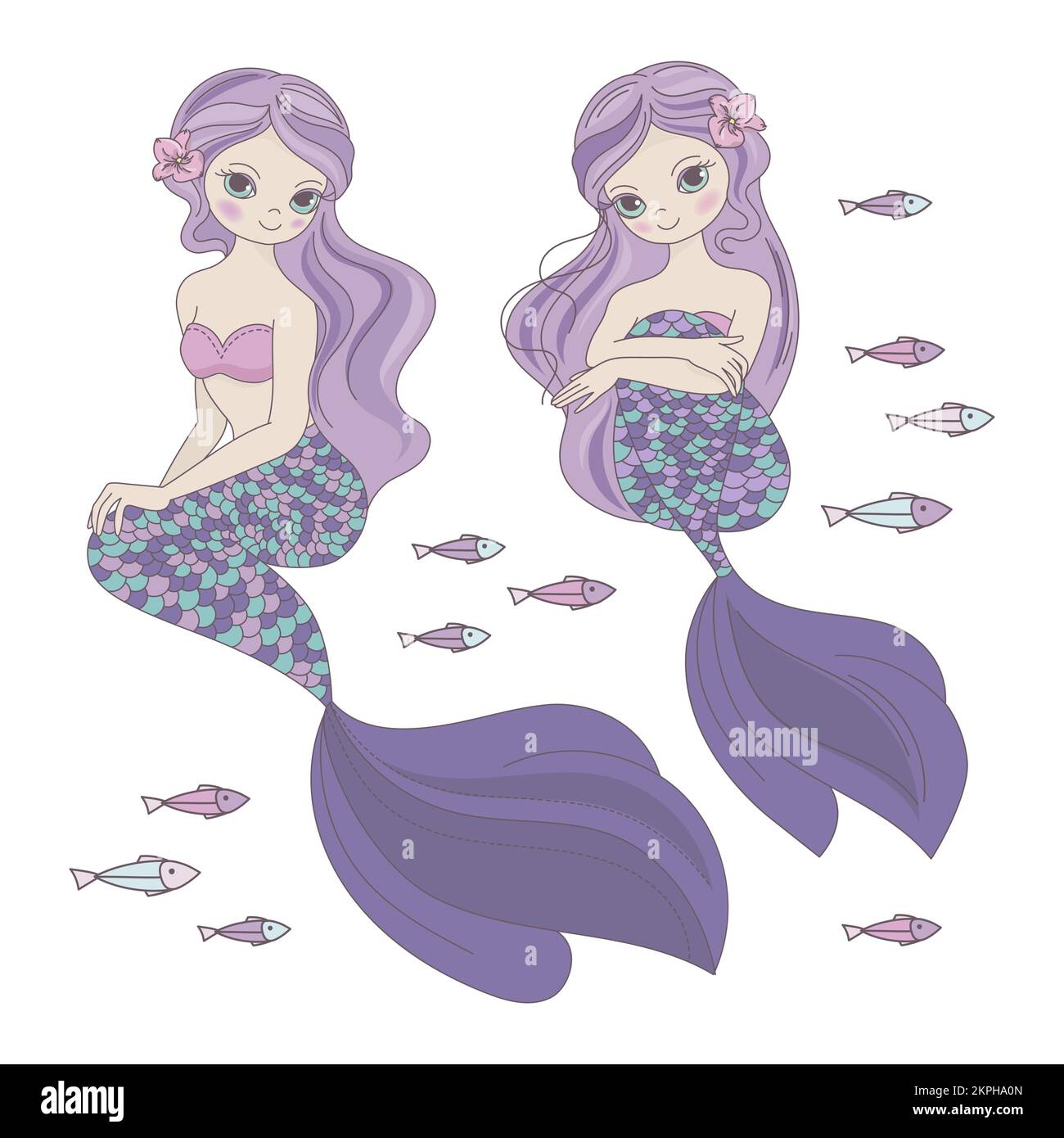 DUE SIRENE Subacquea Princess Girls con capelli lunghi viola con fiore in capelli su pesci galleggianti sfondo Cartoon clip Art Vector Illustration Illustrazione Vettoriale