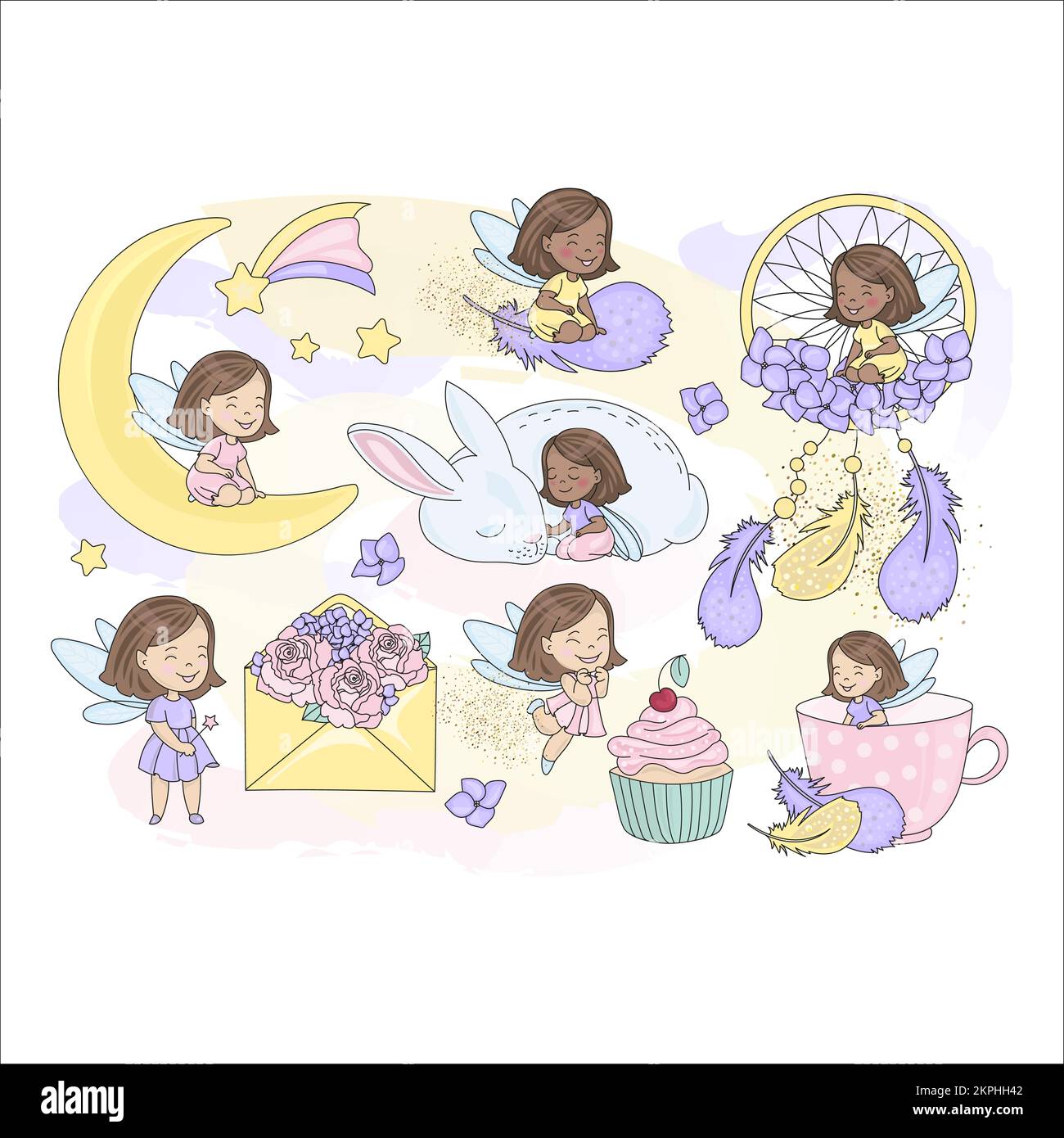 FIABE SCINTILLANTI Little Girl Sorceress with Wings Preparing for Holiday Flowers Sweets Dreamcatcher Cartoon clip Art Vector Illustration Set for Illustrazione Vettoriale