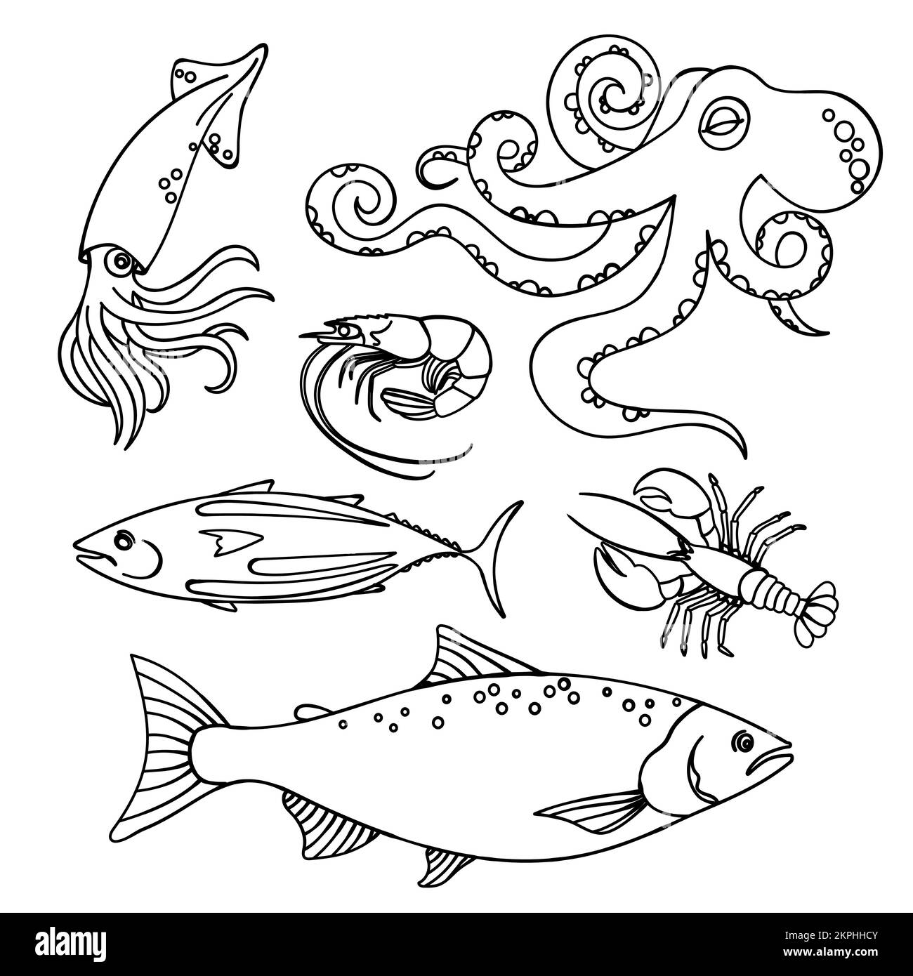 FRUTTI DI MARE Nutrizione Naturale salutare dal mare subacqueo Animali Dietetici Menu monocromatico Cartoon clip Art Vector Illustration Set for Print Illustrazione Vettoriale