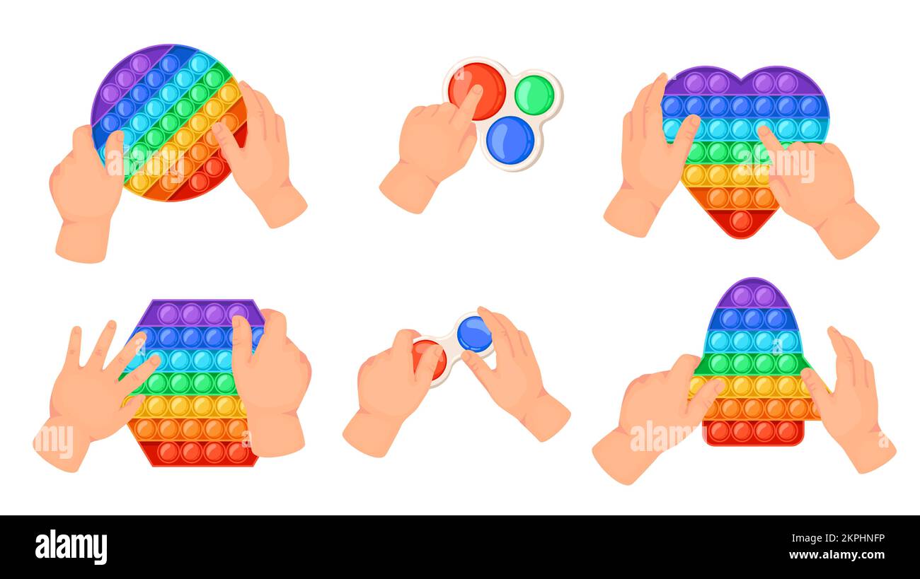 Cartoon arcobaleno pop esso bolle giocattolo. Giocattoli sensoriali rilassanti per bambini. Mani che tengono colorato anti stress gioco di diverse forme. Semplice increspatura Illustrazione Vettoriale