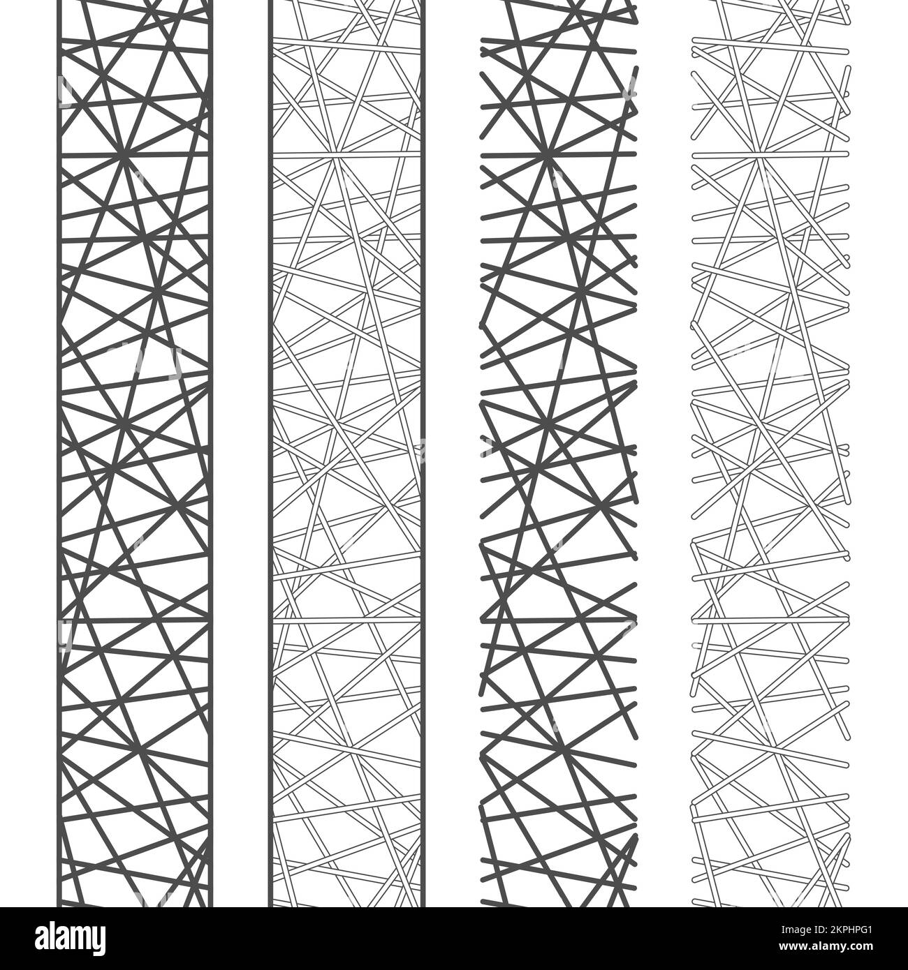 Set di ripetizioni verticali senza giunture di strisce, nastri, filettature. Illustrazione vettoriale in bianco e nero su sfondo bianco. Illustrazione Vettoriale