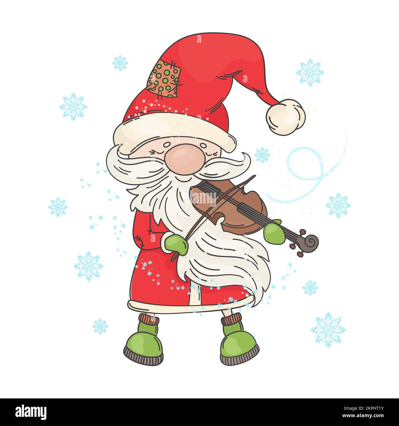 VIOLINO BABBO Natale in cappellino rosso chiusura occhi e giochi sorridenti melodie natalizie fiocchi di neve stanno cadendo intorno Cartoon clip Art Vector Illustration Set per P Illustrazione Vettoriale