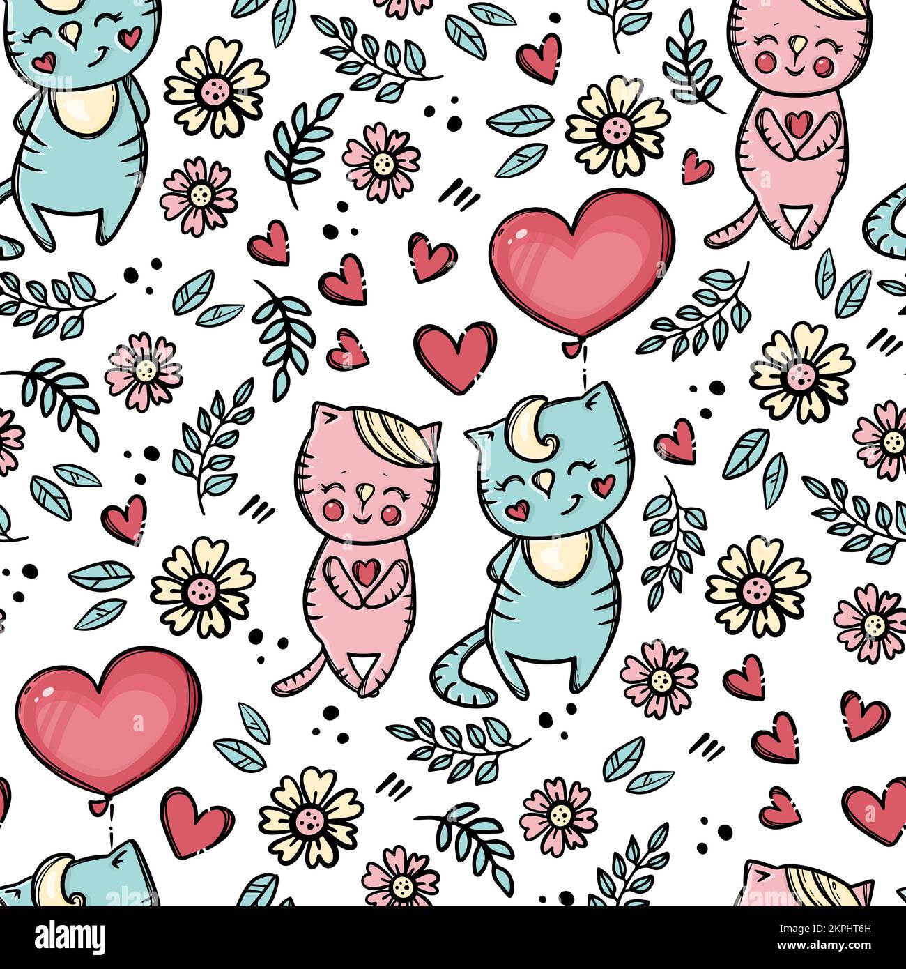 SAN VALENTINO MONGOLFIERA carino enamored Kitten con palloncino offre il suo cuore a Sweetheart Cartoon animali disegnati a mano senza cuciture modello Vector Illustration Illustrazione Vettoriale