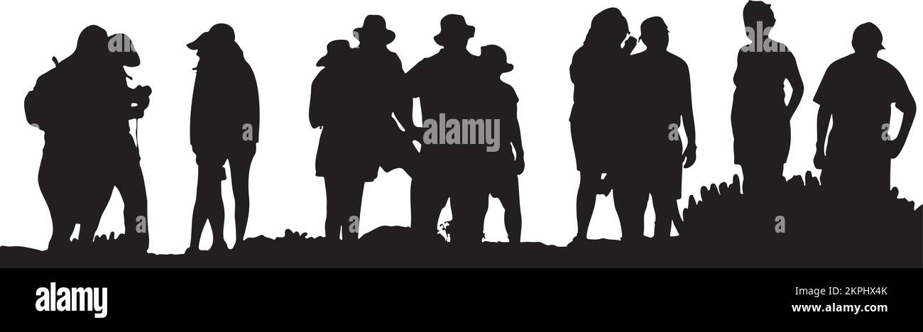 Silhouette di un gruppo di amici in vacanza sul bordo della collina. Illustrazione Vettoriale