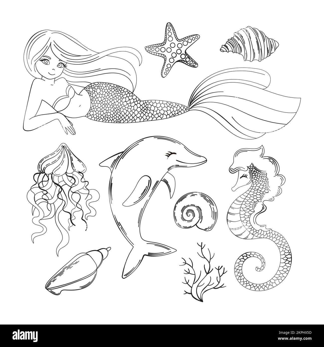 SEA LIFE Sirena Princess Girl e altri animali sottomarini oceanici Cartoon clip Art Vector Illustration Set for Print Illustrazione Vettoriale