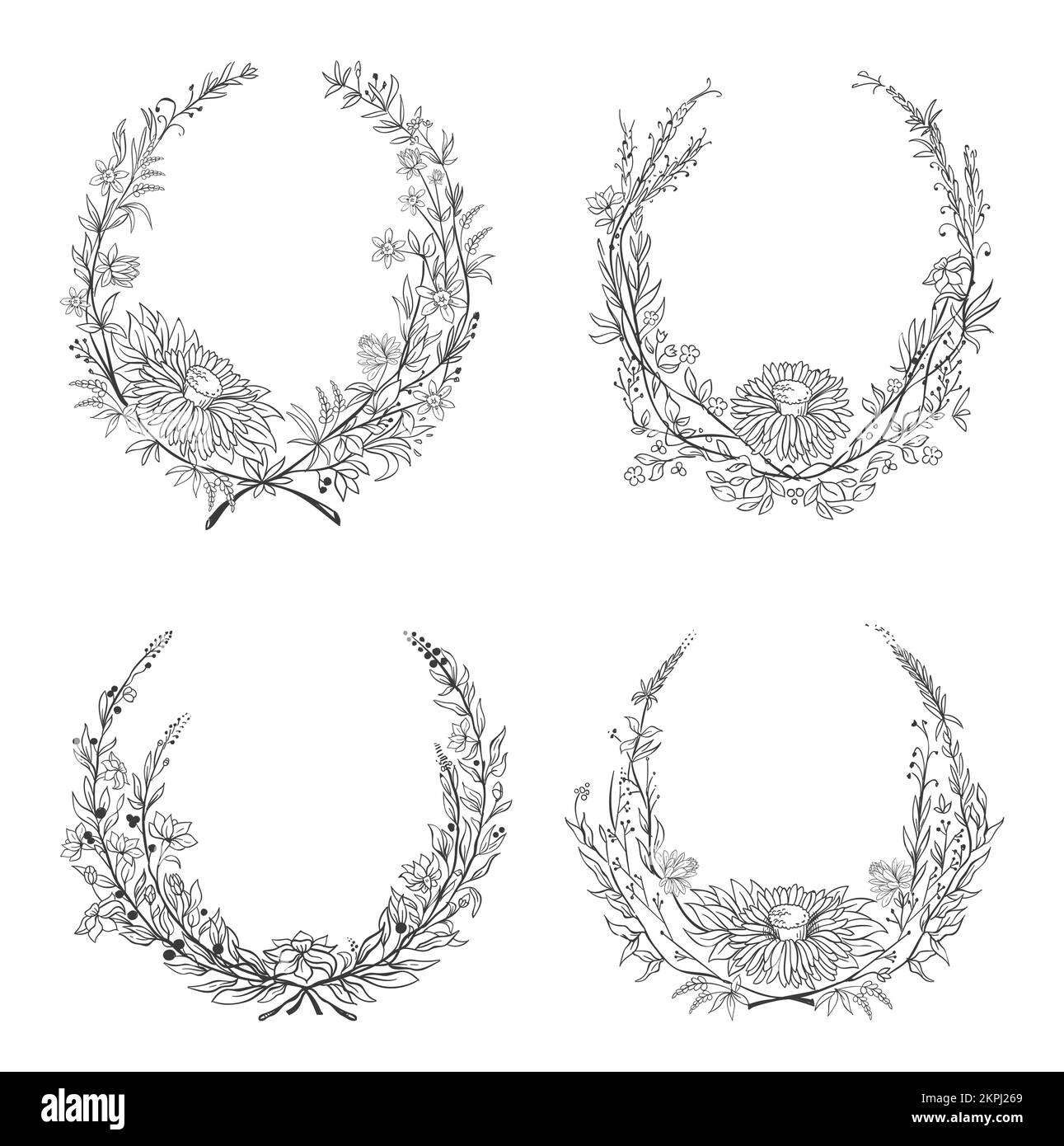 Cornici floreali rotonde disegnate a mano. Corone botaniche decorate con foglie, rami e fiori per il saluto di nozze o invito biglietto template Illustrazione Vettoriale