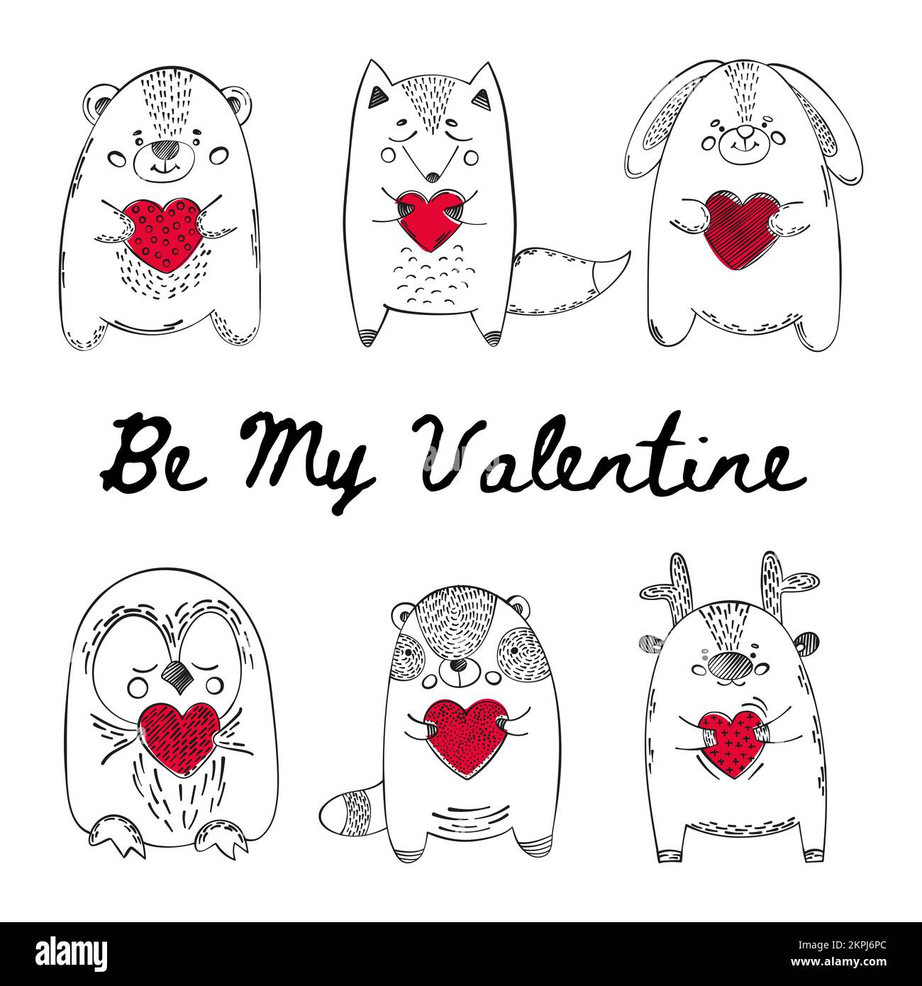 SAN VALENTINO ANIMALI Monocromo cute Babes of Funny Animals with Red Hearts in Hands Cartoon clip Art with Handwriting Text Vector Illustration Set for P Illustrazione Vettoriale