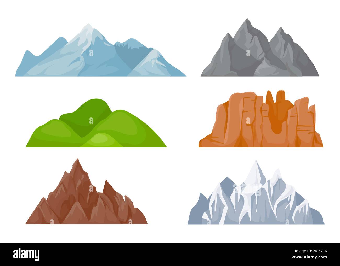 Creste di montagne di cartone animato. Elementi paesaggistici naturali con cime innevate, colline verdi, scogliere di pietra. Aree all'aperto selvatiche per escursioni a piedi o sport estremi in diff Illustrazione Vettoriale