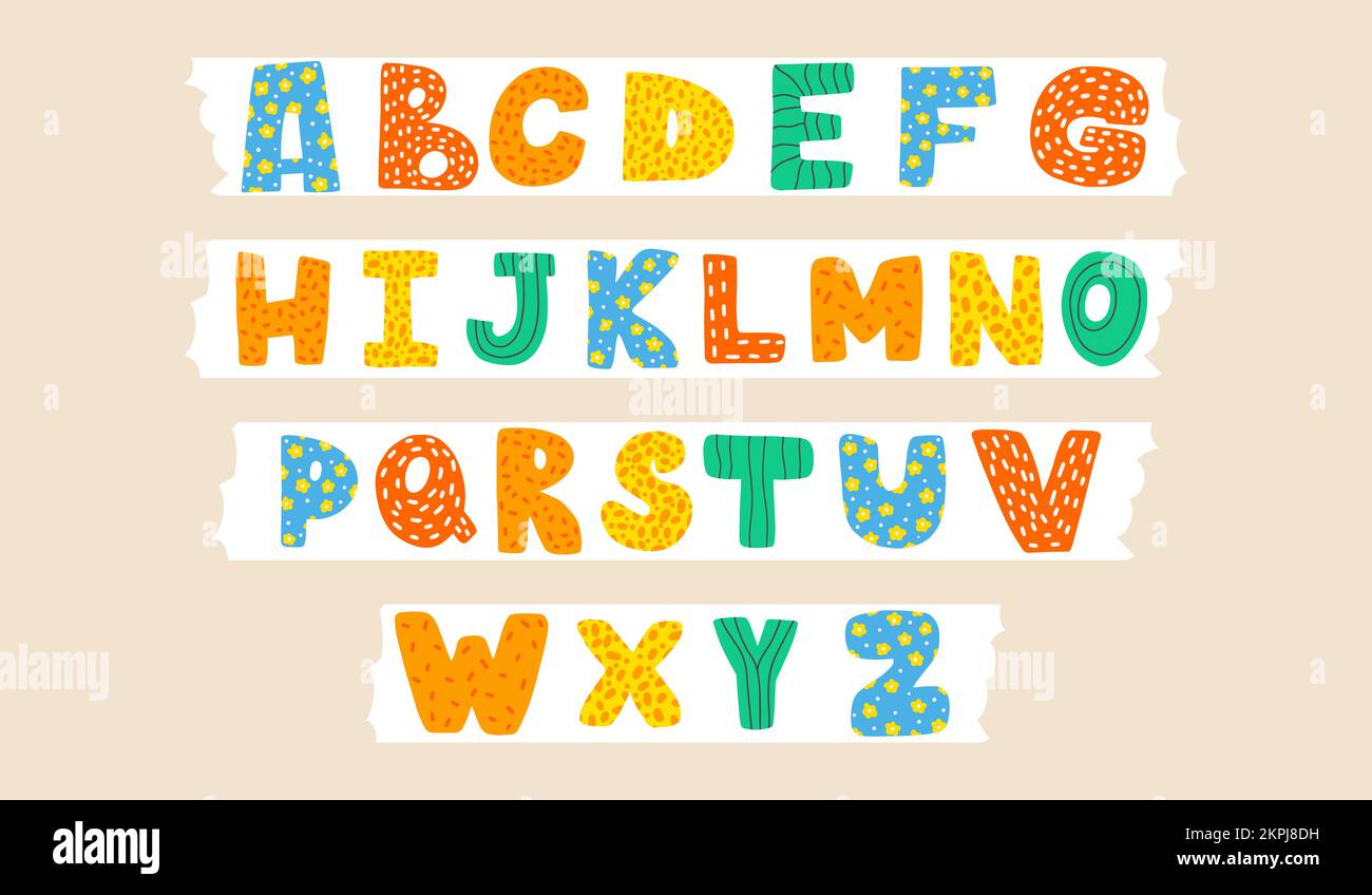 Carino carattere latino infantile o fresco alfabeto inglese decorato con puntini e scribbles. Illustrazione vettoriale disegnata a mano Illustrazione Vettoriale