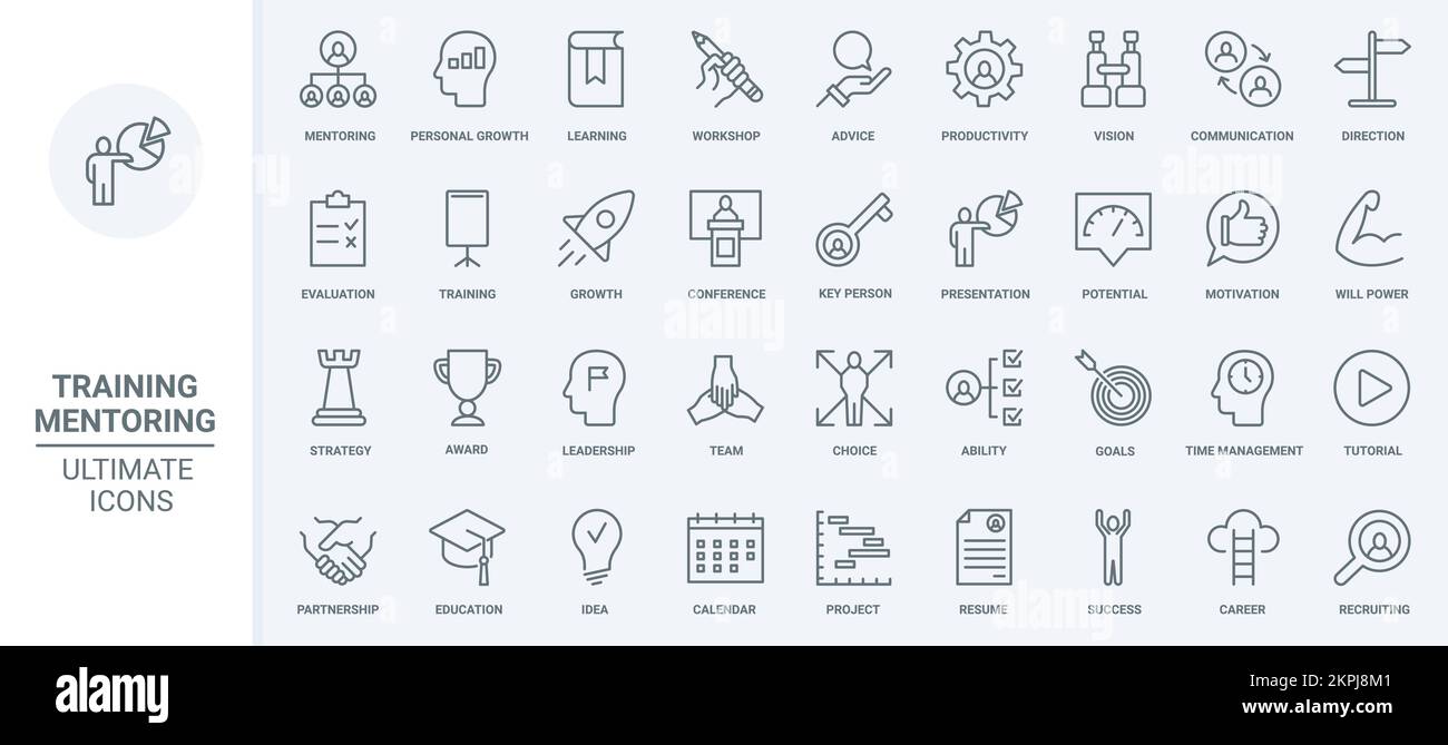 Mentoring, formazione per i team aziendali le icone a linee sottili impostano l'illustrazione vettoriale. Schema astratto crescita della carriera, organizzazione e consulenza di workshop, consigli, valutazione e comunicazione con l'insegnante Illustrazione Vettoriale