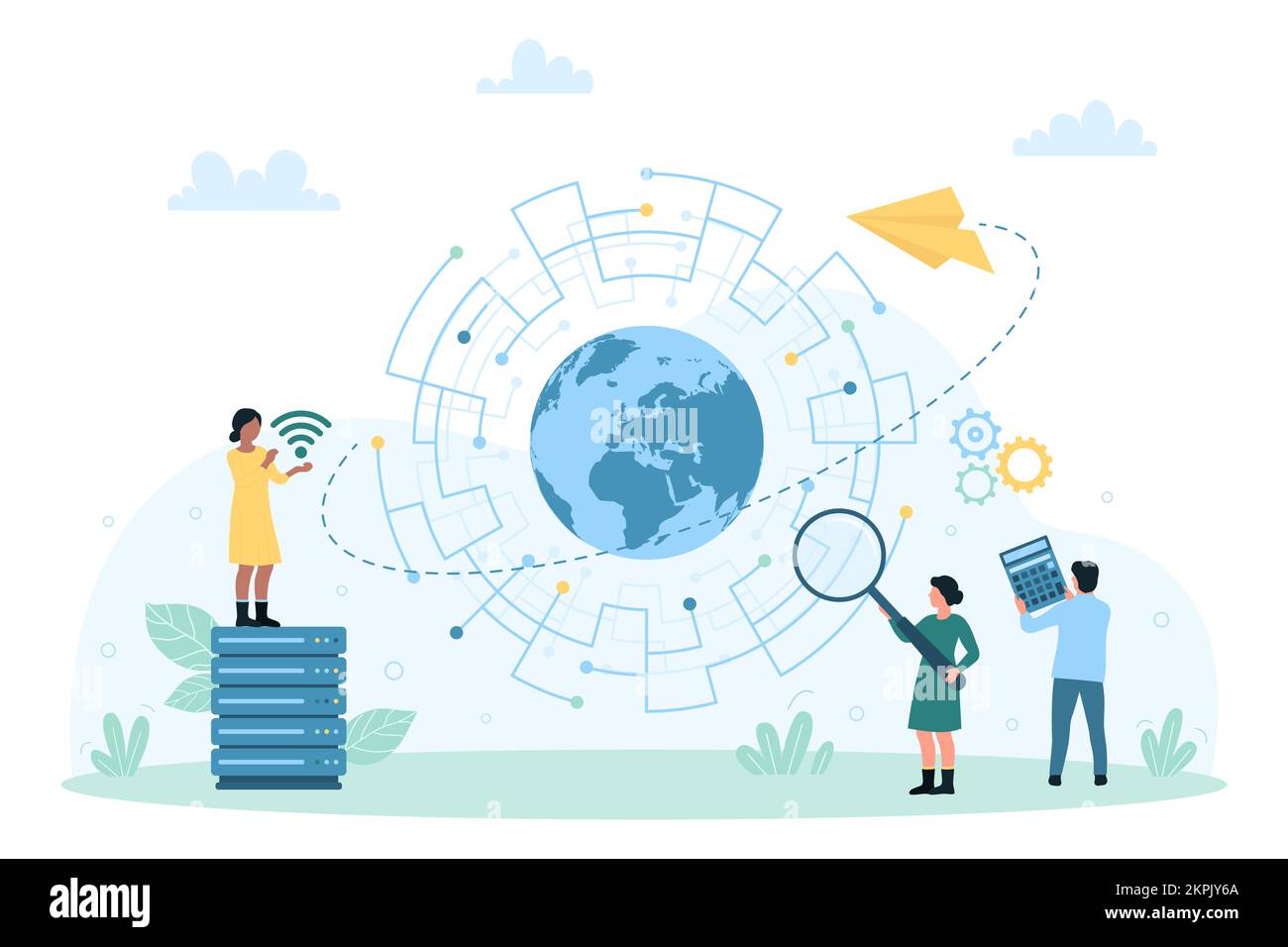 Connessione internet veloce, illustrazione vettoriale della tecnologia di comunicazione. Cartoon persone piccole testare la velocità del segnale con lente di ingrandimento, tenendo il segno wireless, circuito circolare e globo della Terra al suo interno Illustrazione Vettoriale