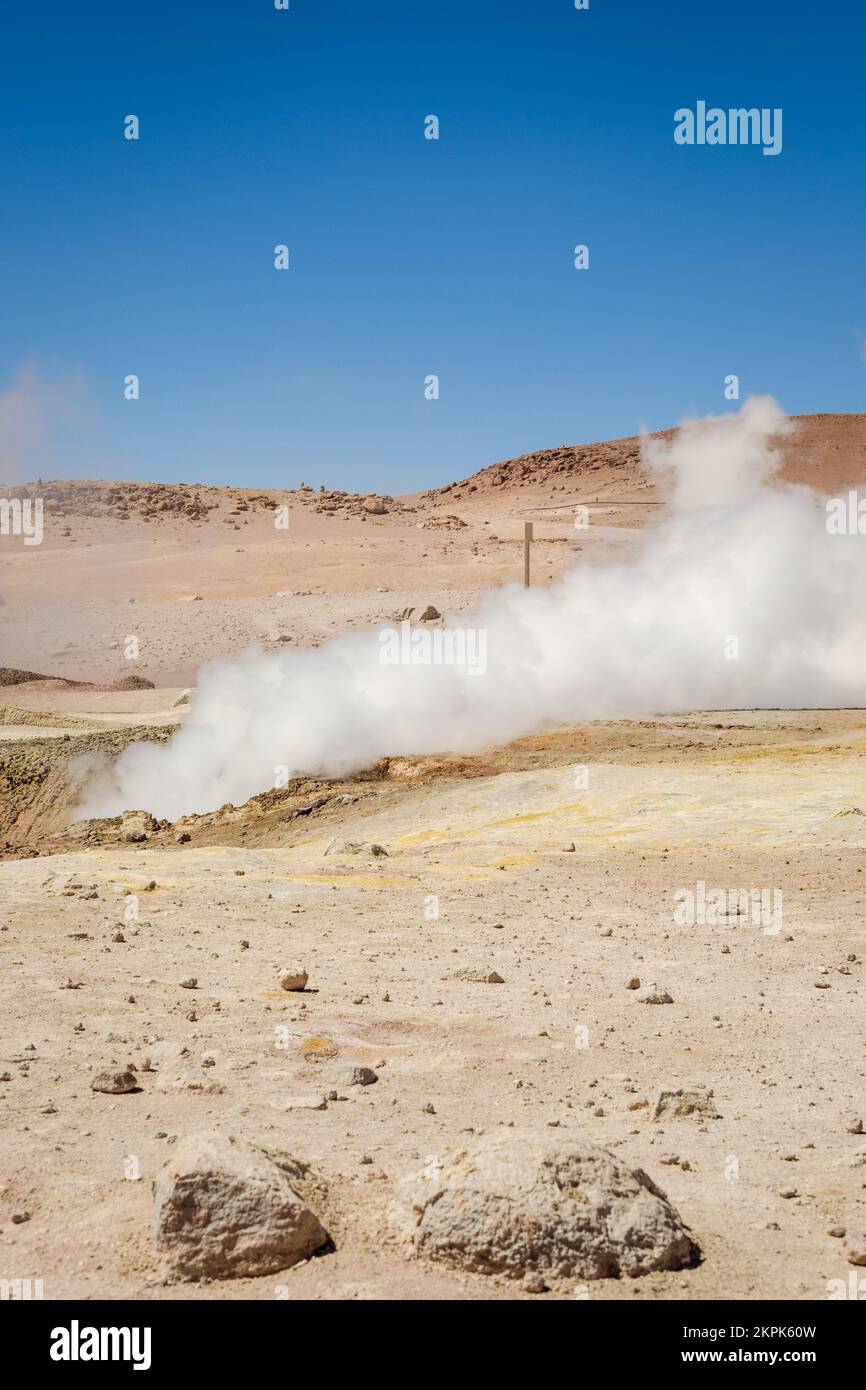 Colonna di vapore da un geyser a Sol de Mañana (Morning Sun) Area geotermica nella Riserva Nazionale Eduardo Avaroa, Bolivia Foto Stock