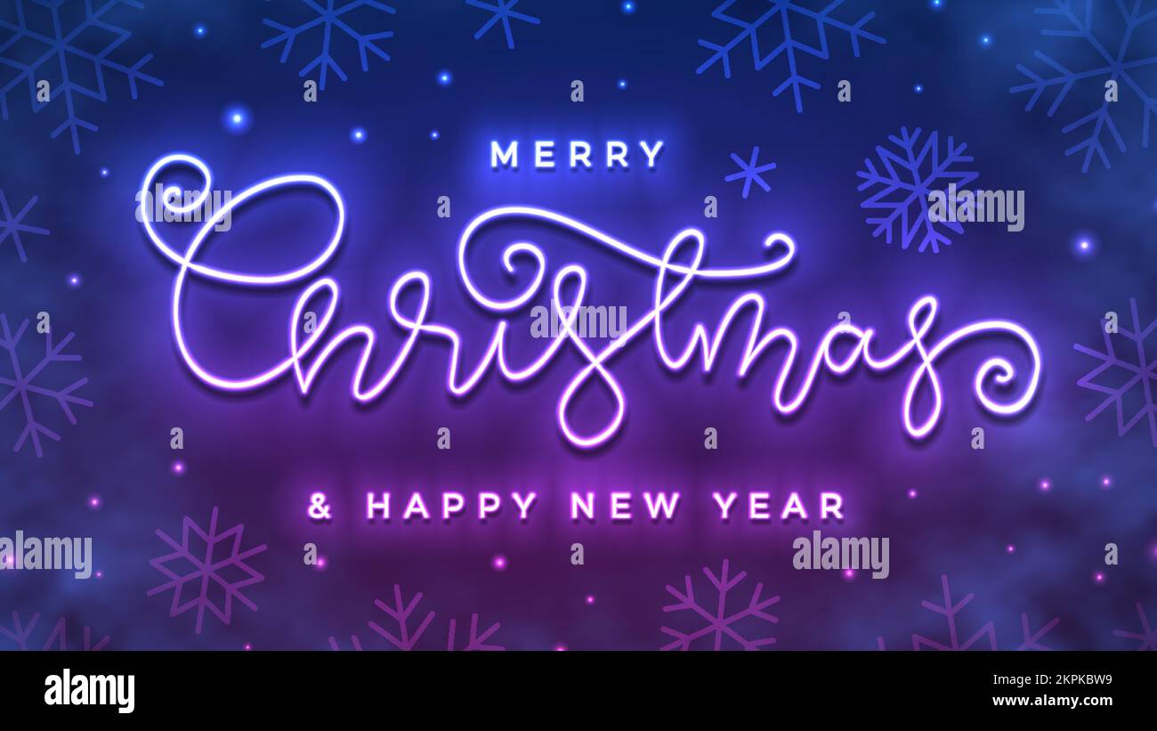 Buon Natale felice anno nuovo mano scritta al neon segno. Banner fluorescente luminoso di notte. Natale inverno vacanza neve gelida nebbia luminoso poster. Lavagna luminosa con luce UV al neon su sfondo fiocco di neve Illustrazione Vettoriale