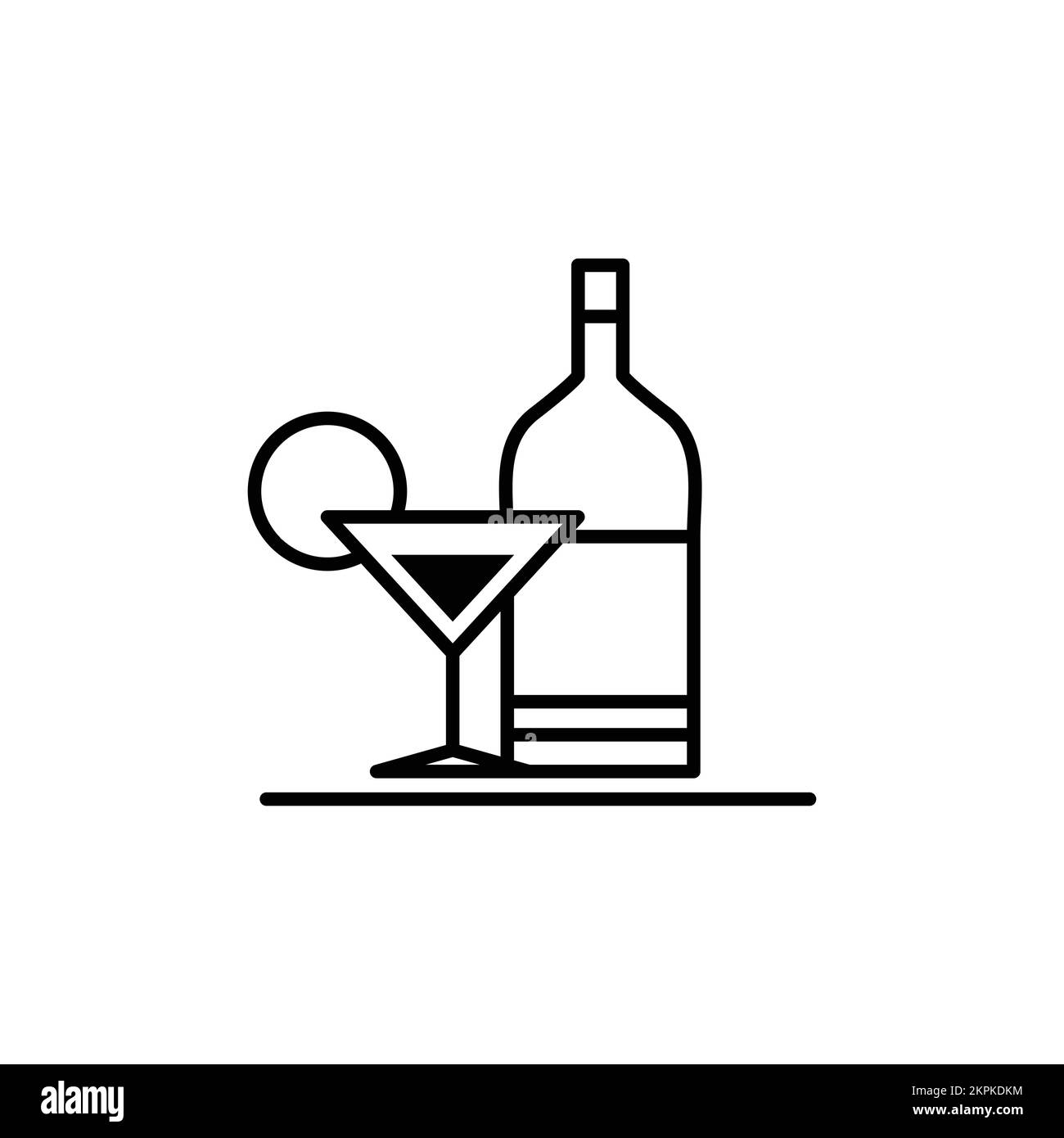 Bicchiere da cocktail e bottiglia sul vassoio icona vettore. Simbolo del pittogramma del lavoro del cameriere. Logo bar o nightclub. Illustrazione Vettoriale