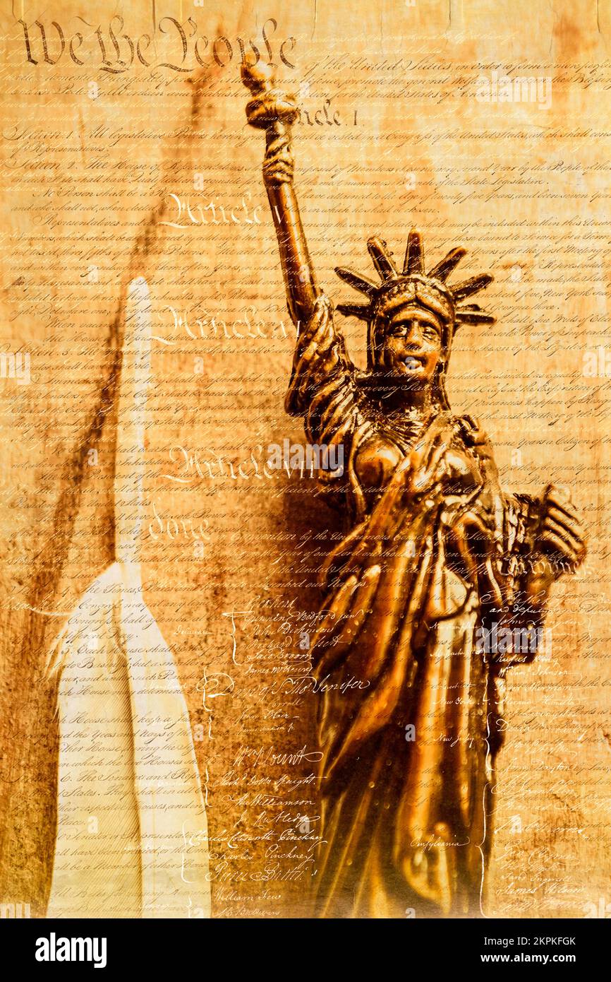 Arte creativa sulla Costituzione americana firmata sovrapposta alla Statua della libertà. Diritti e giudici del disegno di legge firmato Foto Stock