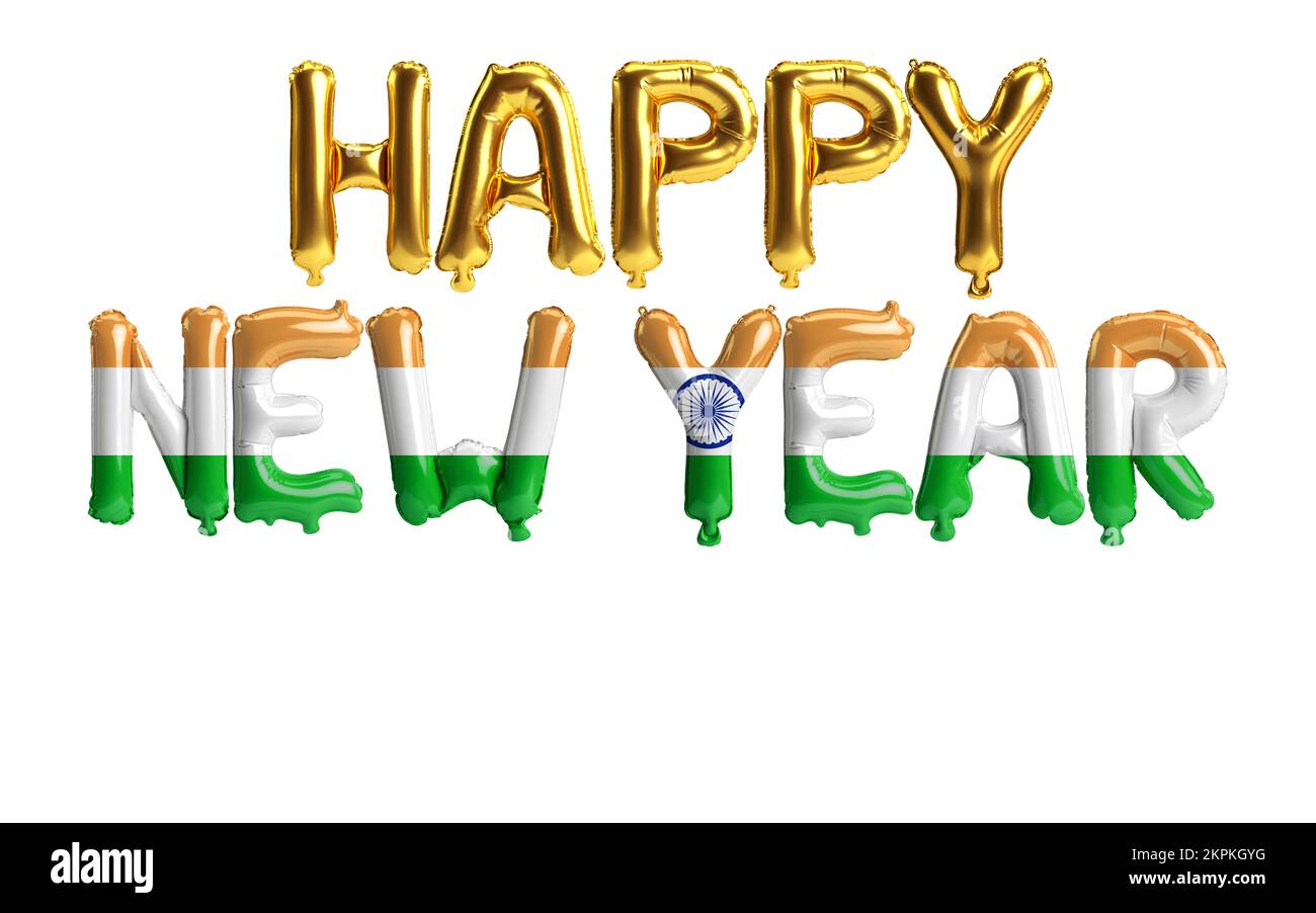 3D illustrazione di felice anno nuovo lettera palloncini con India bandiera colore isolato su sfondo bianco Foto Stock