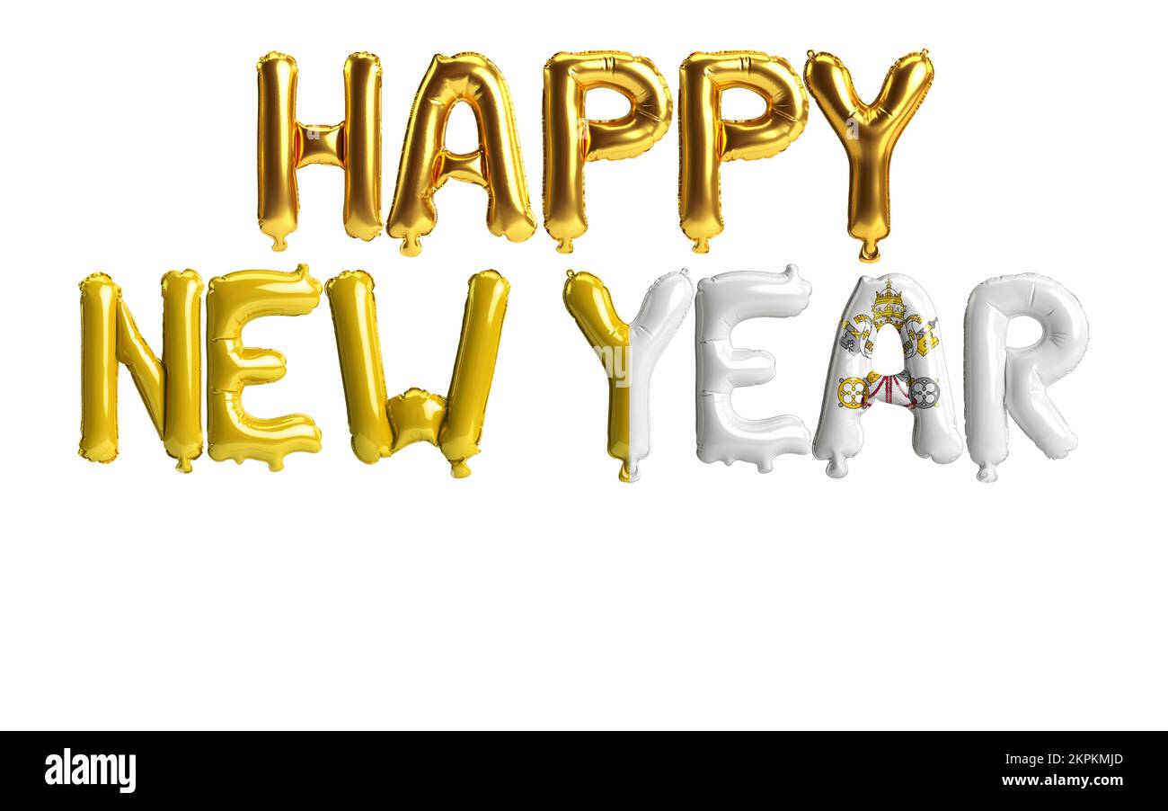 3D illustrazione di felici palloncini di lettere di nuovo anno con il colore della bandiera del Vaticano isolato su sfondo bianco Foto Stock