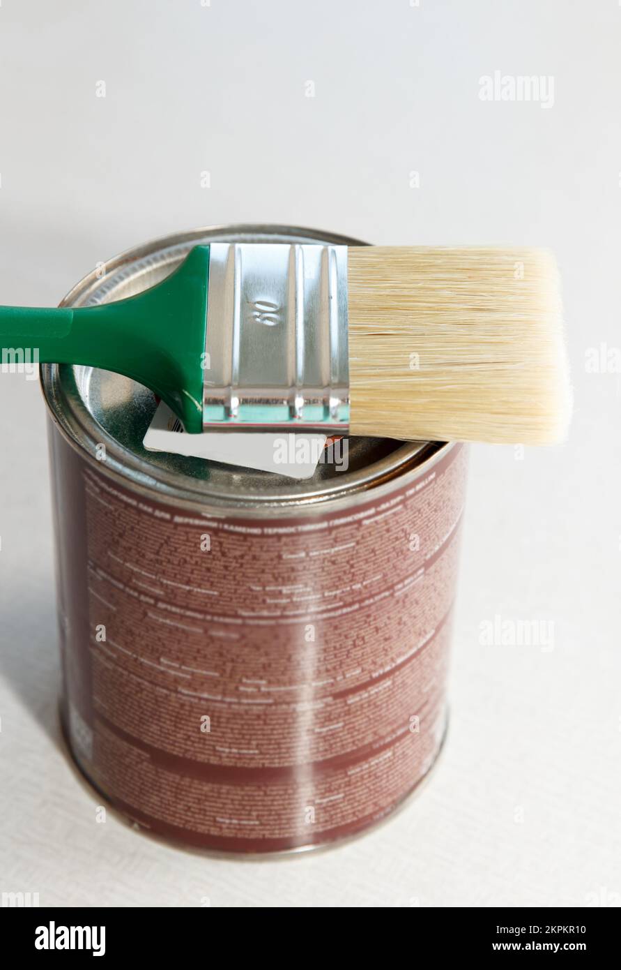 L'attrezzo di riparazione, un pennello nuovo spesso con vernice e vernice, si trova su una lattina di vernice Foto Stock