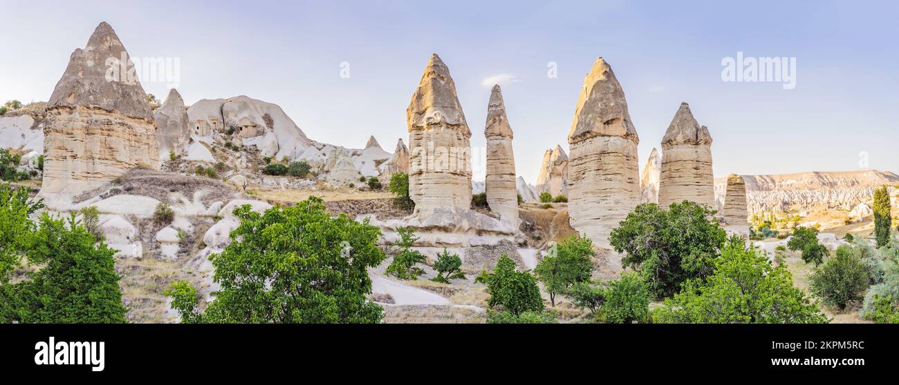 Formazioni geologiche uniche in Love Valley in Cappadocia, popolare destinazione di viaggio in Turchia Foto Stock