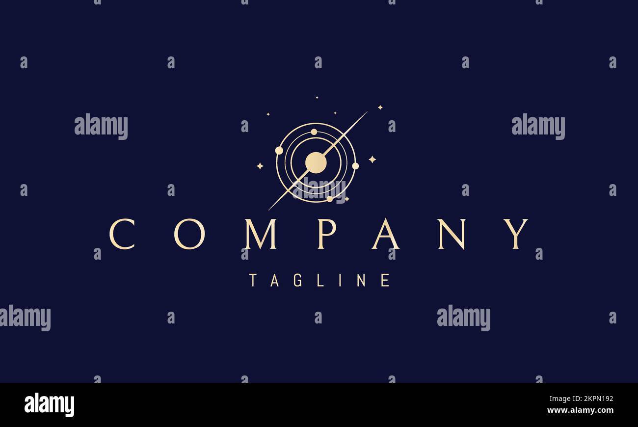 Vector Golden logo su cui un'immagine astratta di una stella con orbite nello spazio aperto. Illustrazione Vettoriale