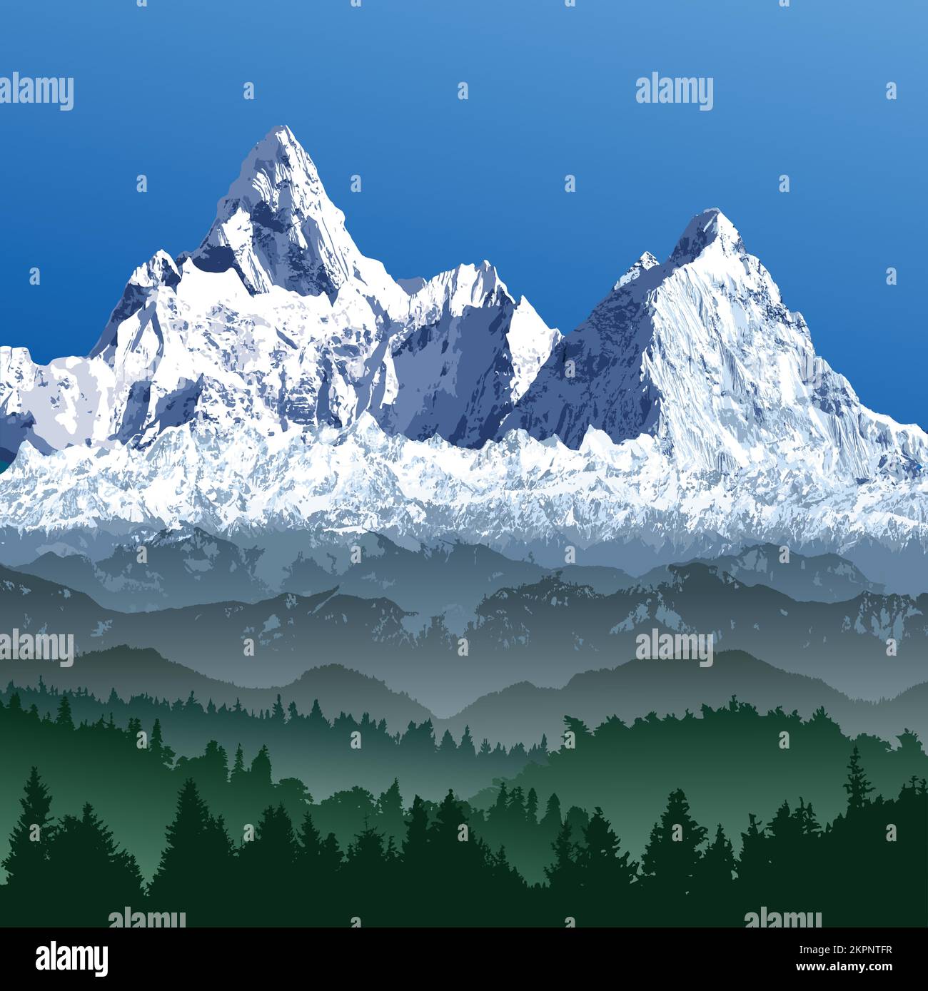 Grande catena himalayana, Himalayas montagne vettoriali illustrazione, montagna innevata di colore bianco e blu con boschi Illustrazione Vettoriale