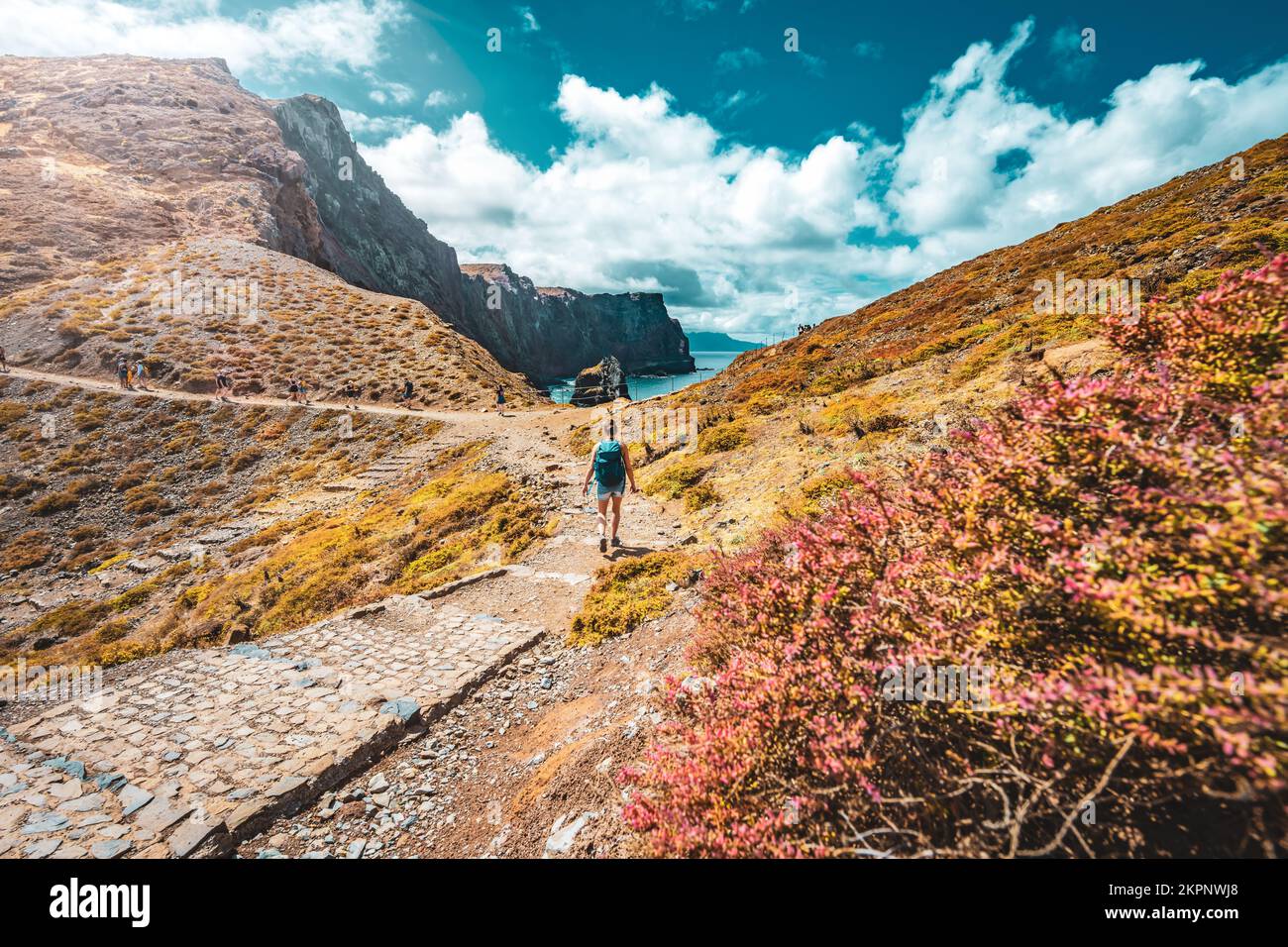 Descrizione: Donna atletica a piedi su sentiero lastricato con vista pittoresca della costa rocciosa dell'isola di Madeira. São, Isola di Madeira, Portogallo, EUR Foto Stock