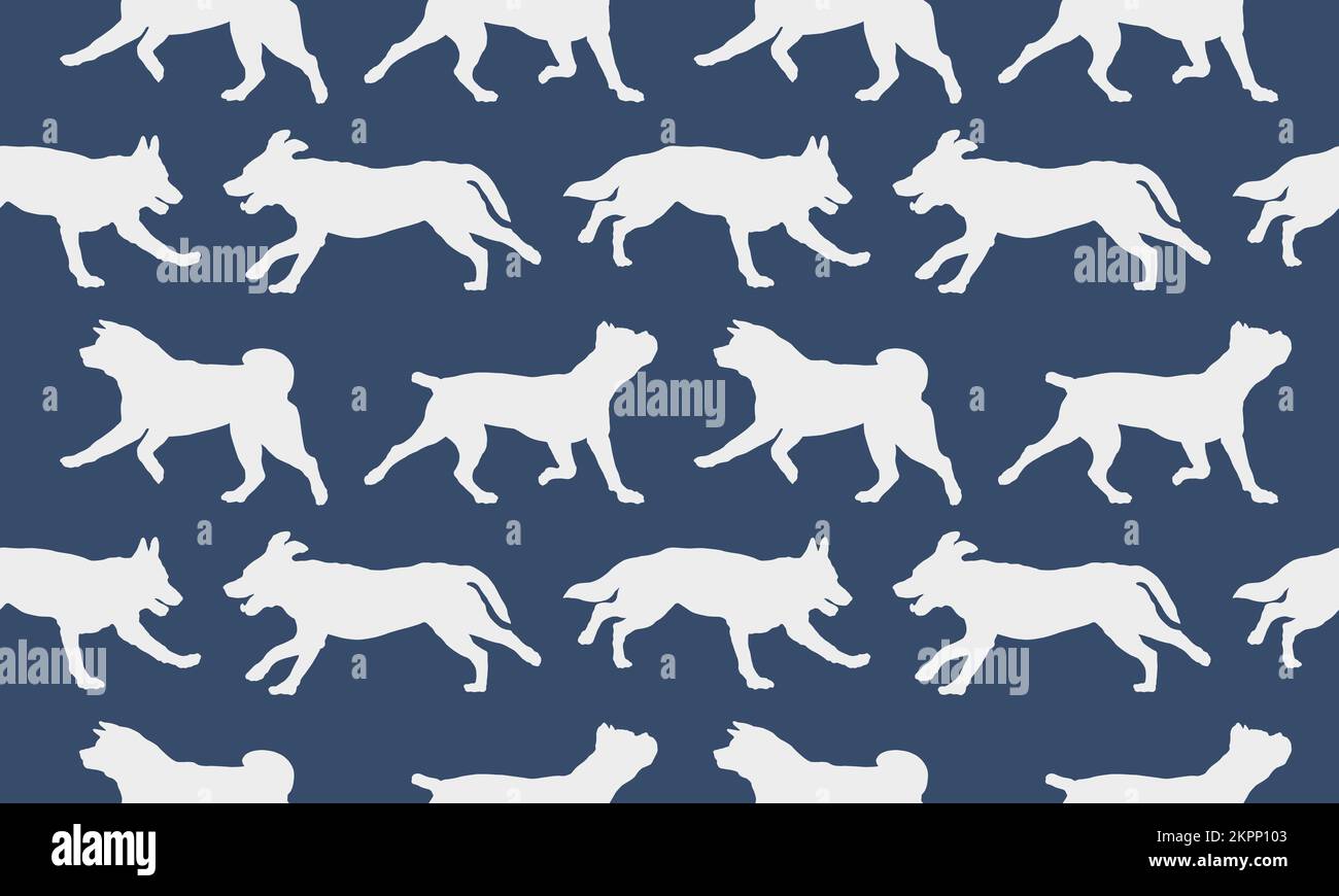 Ripetizione senza giunture. Silhouette cani razze diverse in varie pose. Texture infinita. Design per tessuti, arredamento, carta da parati, carta da imballaggio, design. Illustrazione Vettoriale