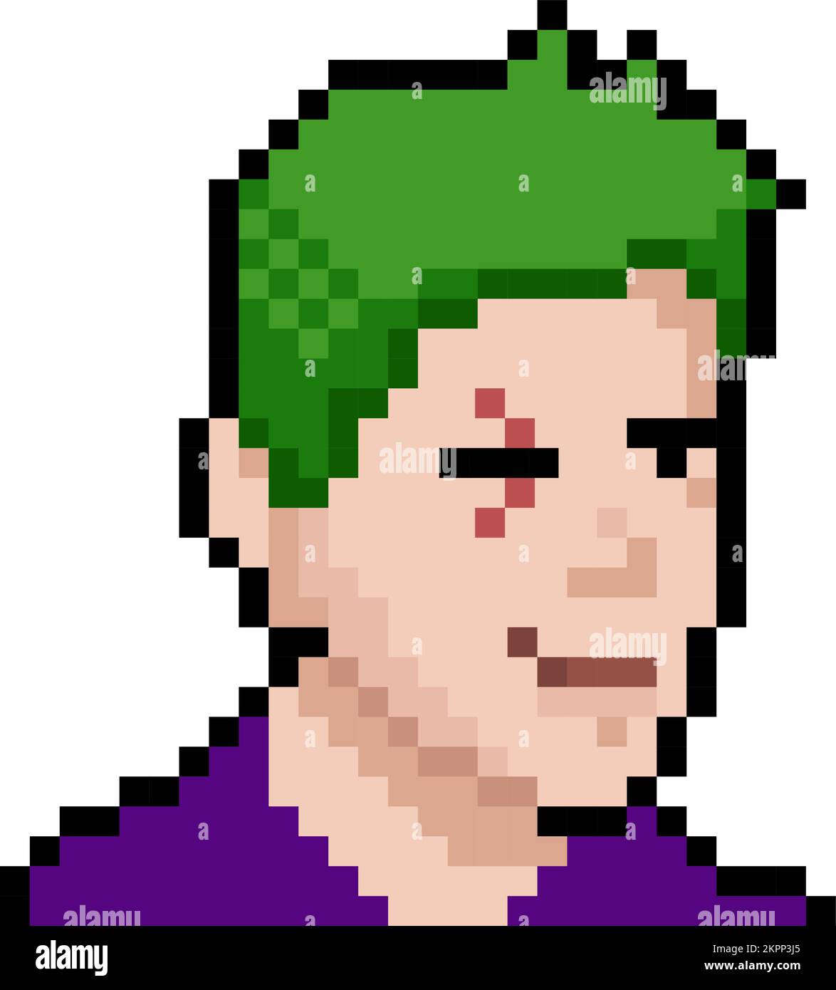 Un personaggio di gioco per computer con capelli verdi e una cicatrice sul suo occhio. Concetto NFT pixel ART. Illustrazione vettoriale Illustrazione Vettoriale