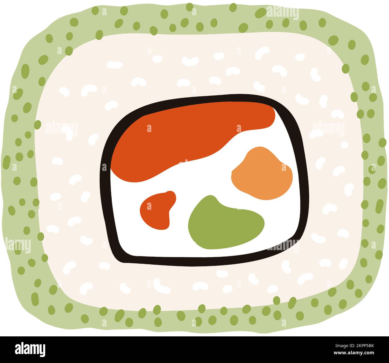 Sushi uramaki in cartoon stile piatto. Cucina tradizionale giapponese disegnata a mano. Illustrazione Vettoriale