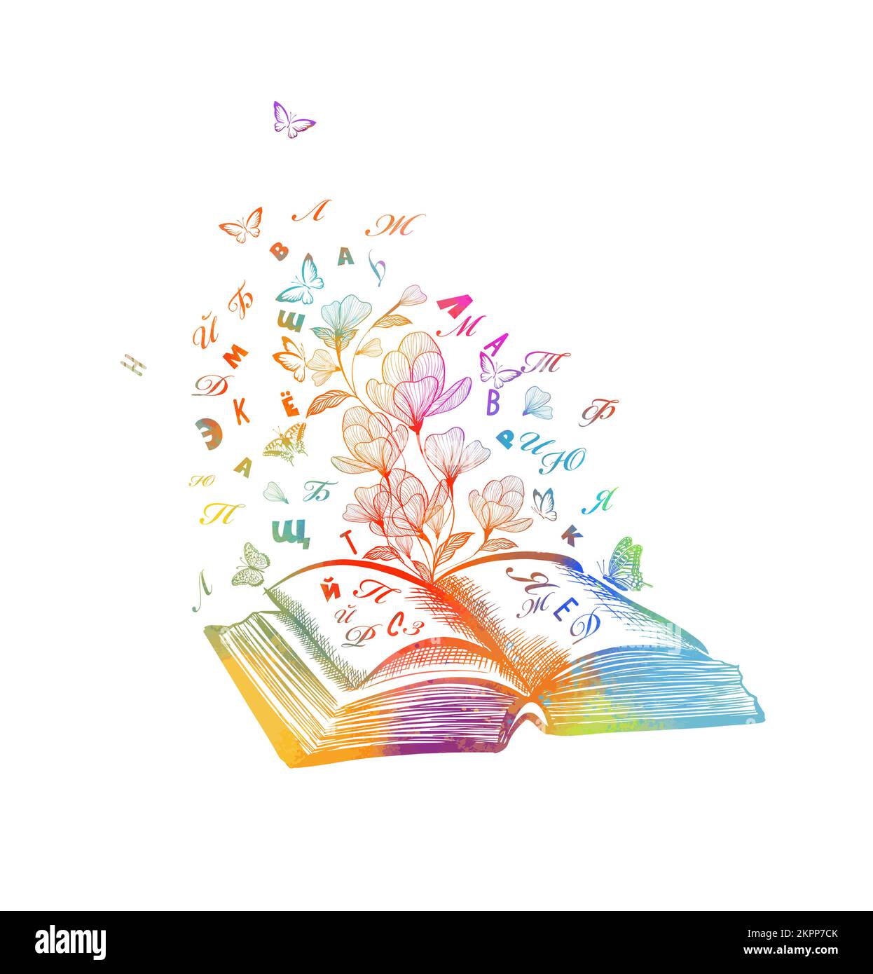 Libro aperto con lettere volanti. Illustrazione vettoriale Illustrazione Vettoriale